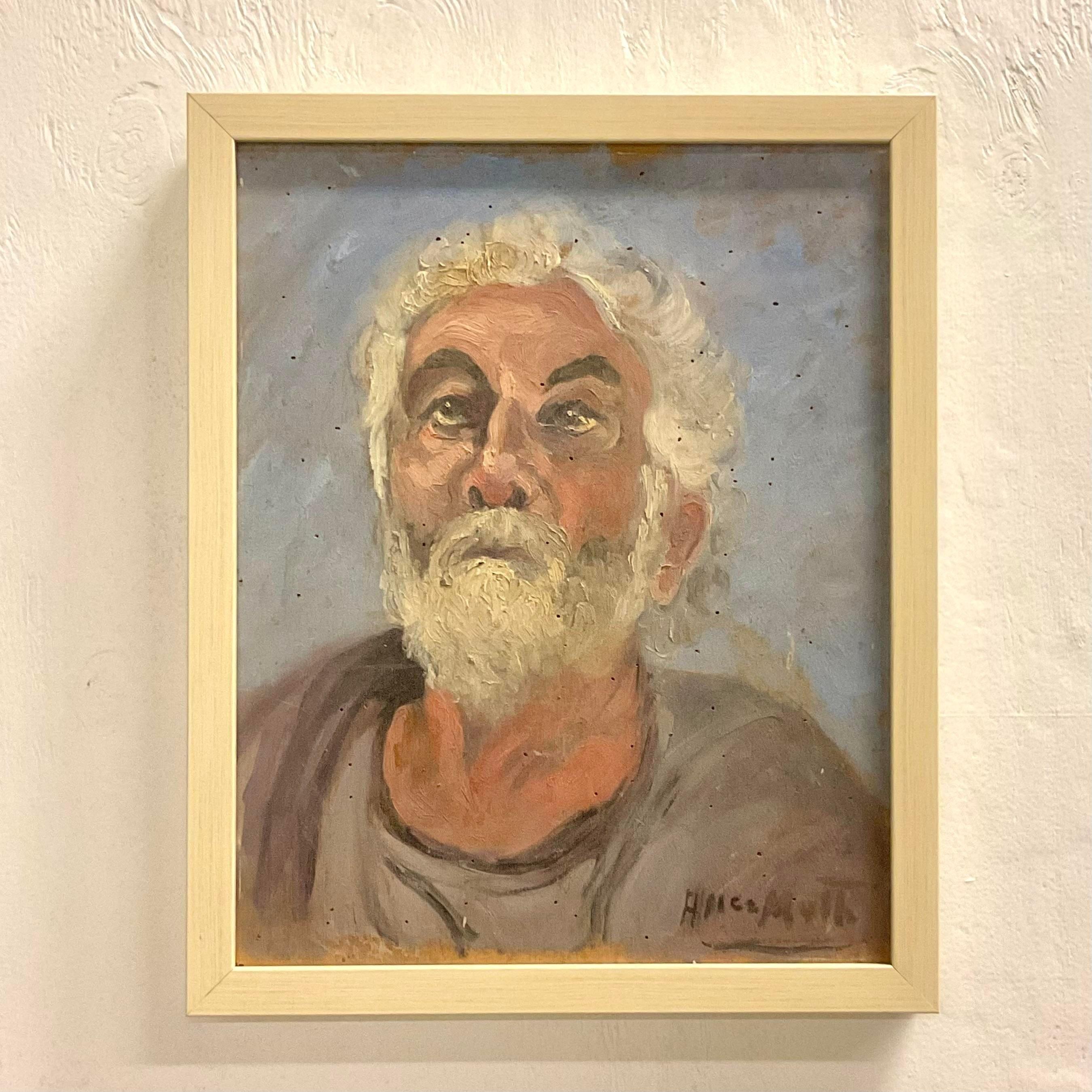 A fabulous vintage Boho original oil portrait. A chic composition of a weathered older man in chic colors. Newly framed. Signed by the artist. Acquired from a NY estate.