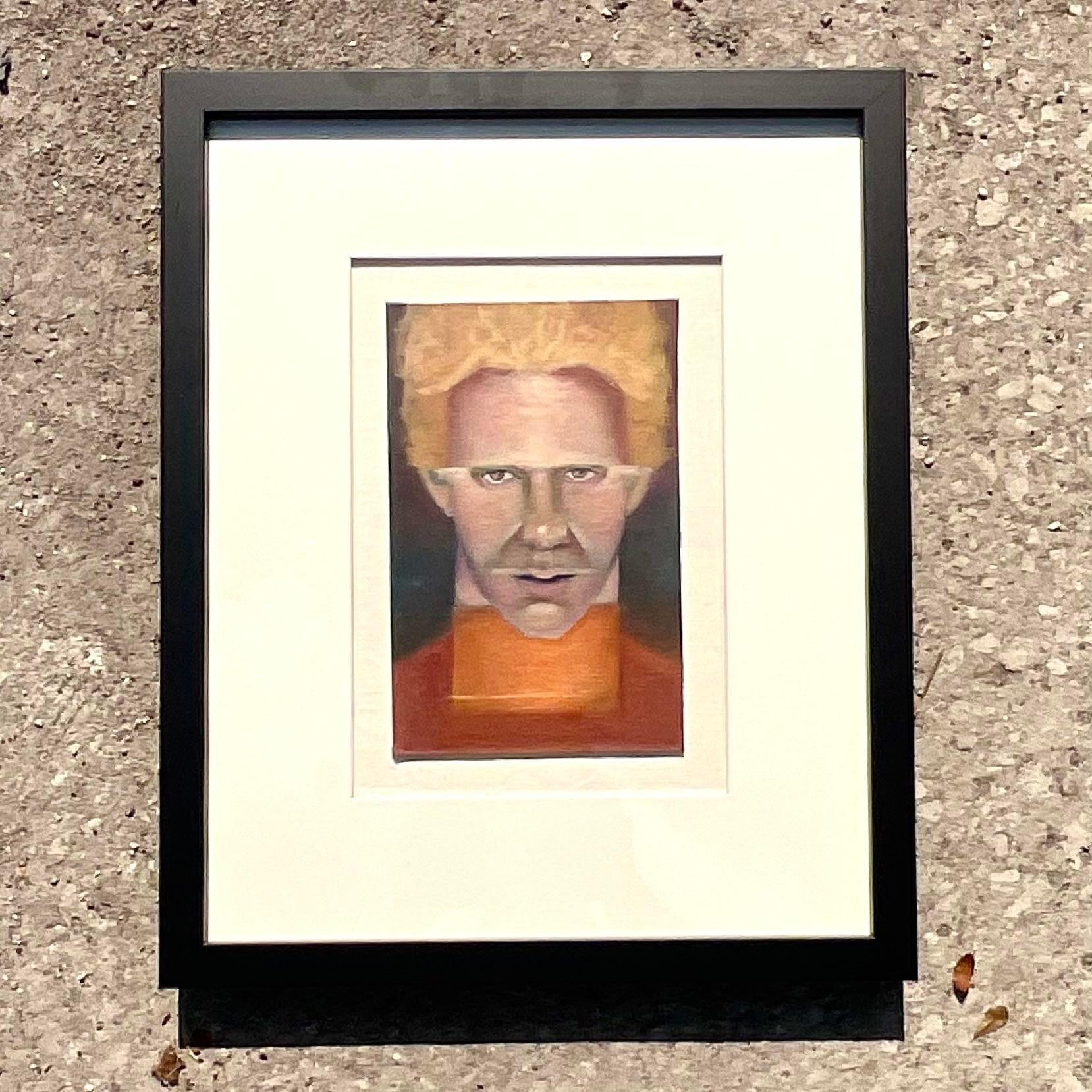 A fantastic vintage Boho original oil painting on board. A chic futuristic portrait in brilliant coloration. Signed on the back of the board. Newly framed under glass. Acquired from a Palm Beach estate.