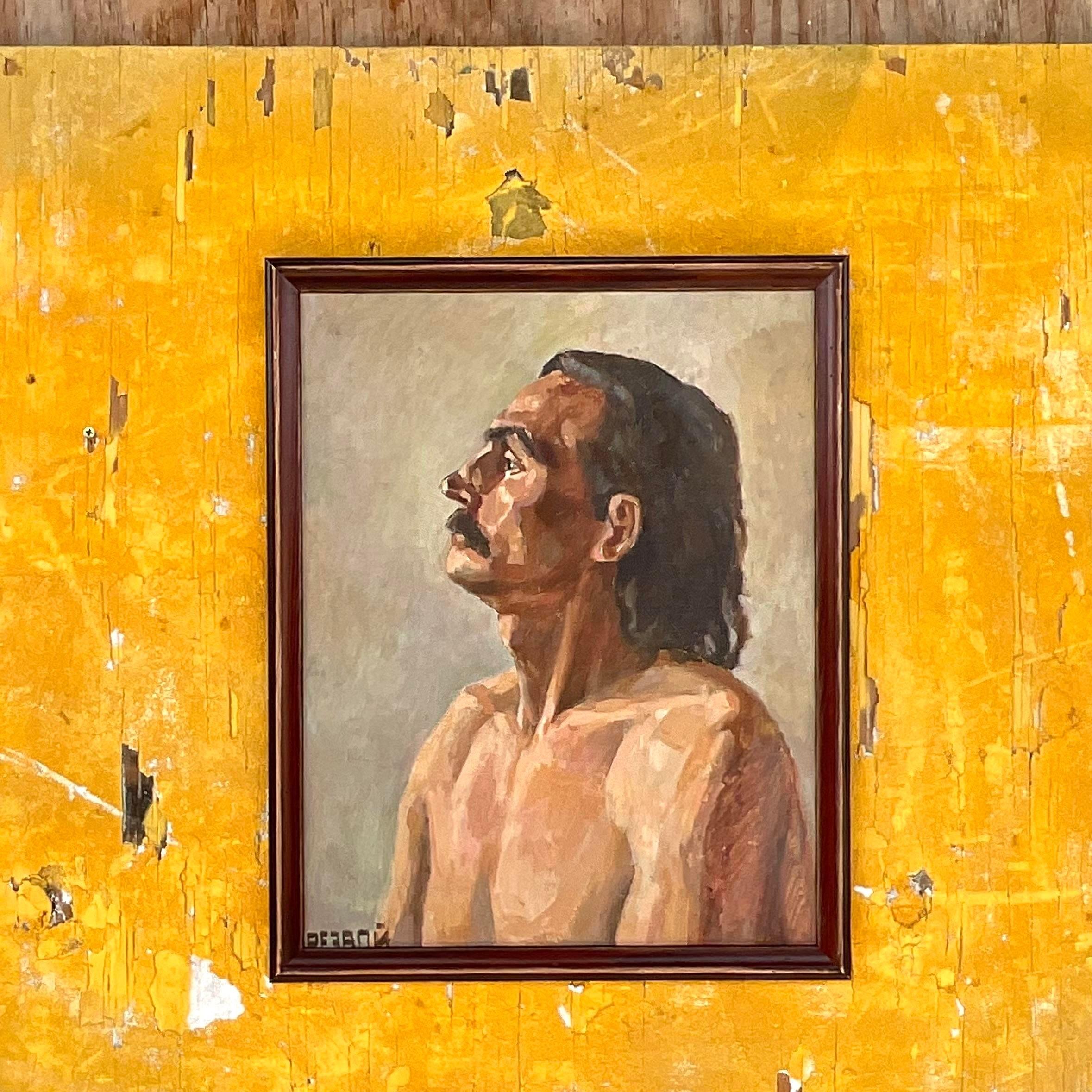 American Vintage Boho Signed Original Oil Portrait on Board For Sale