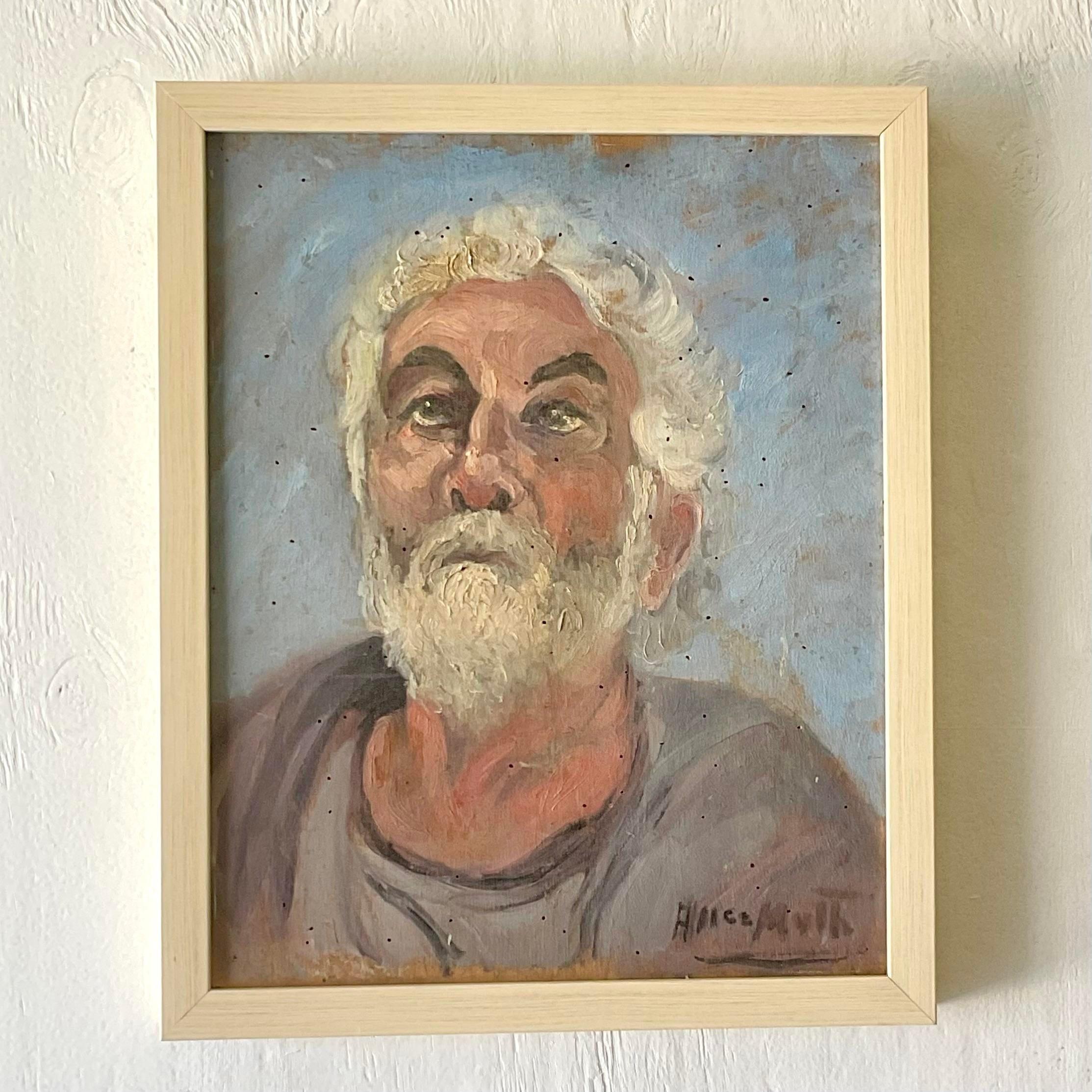 Wood Vintage Boho Signed Original Oil Portrait on Board For Sale