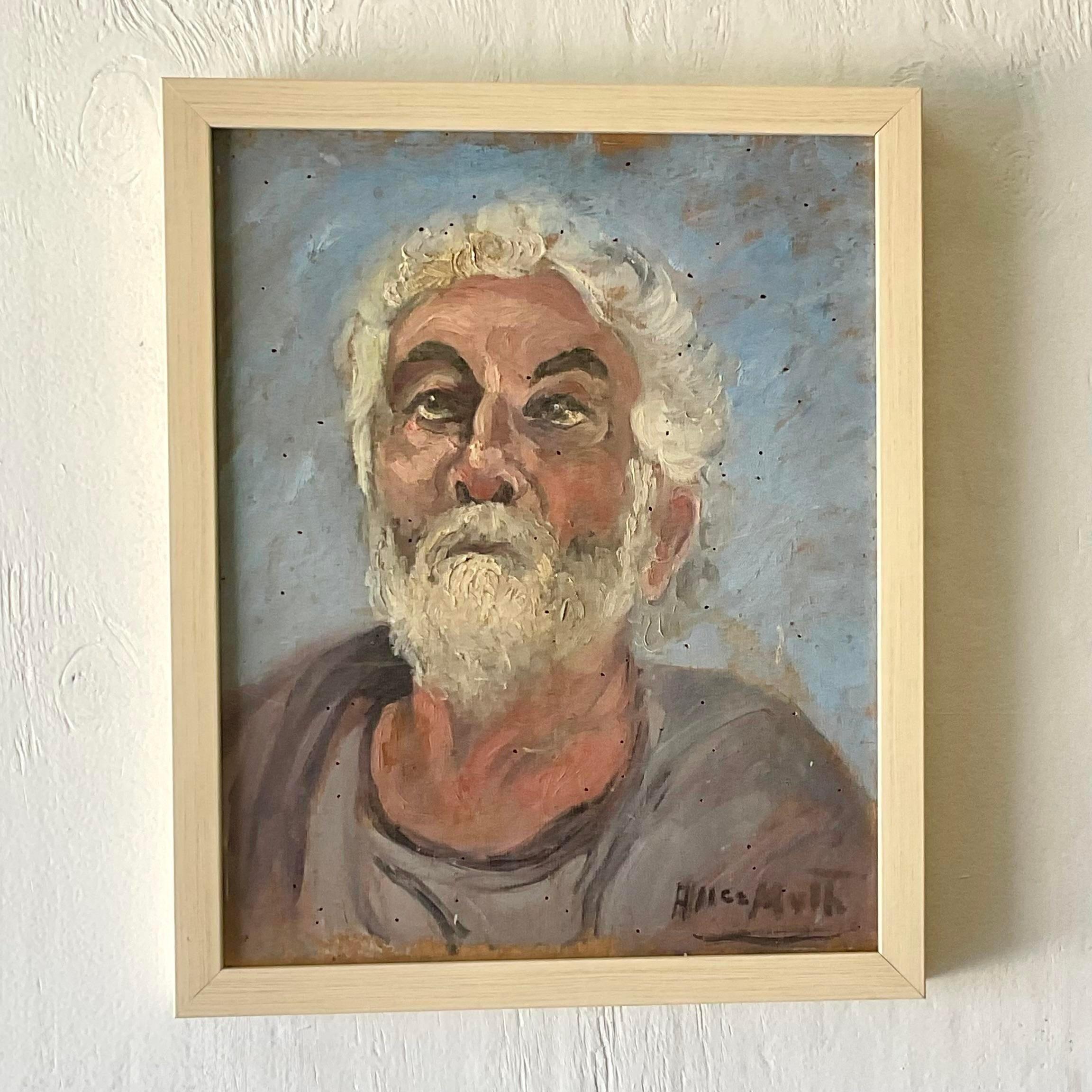 Ritratto ad olio su tavola originale vintage firmato Boho in vendita 1