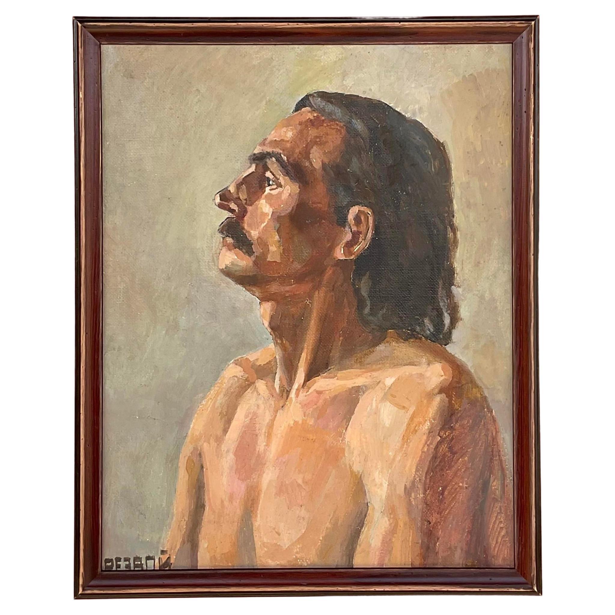 Vintage Boho Signed Original Oil Portrait on Board For Sale