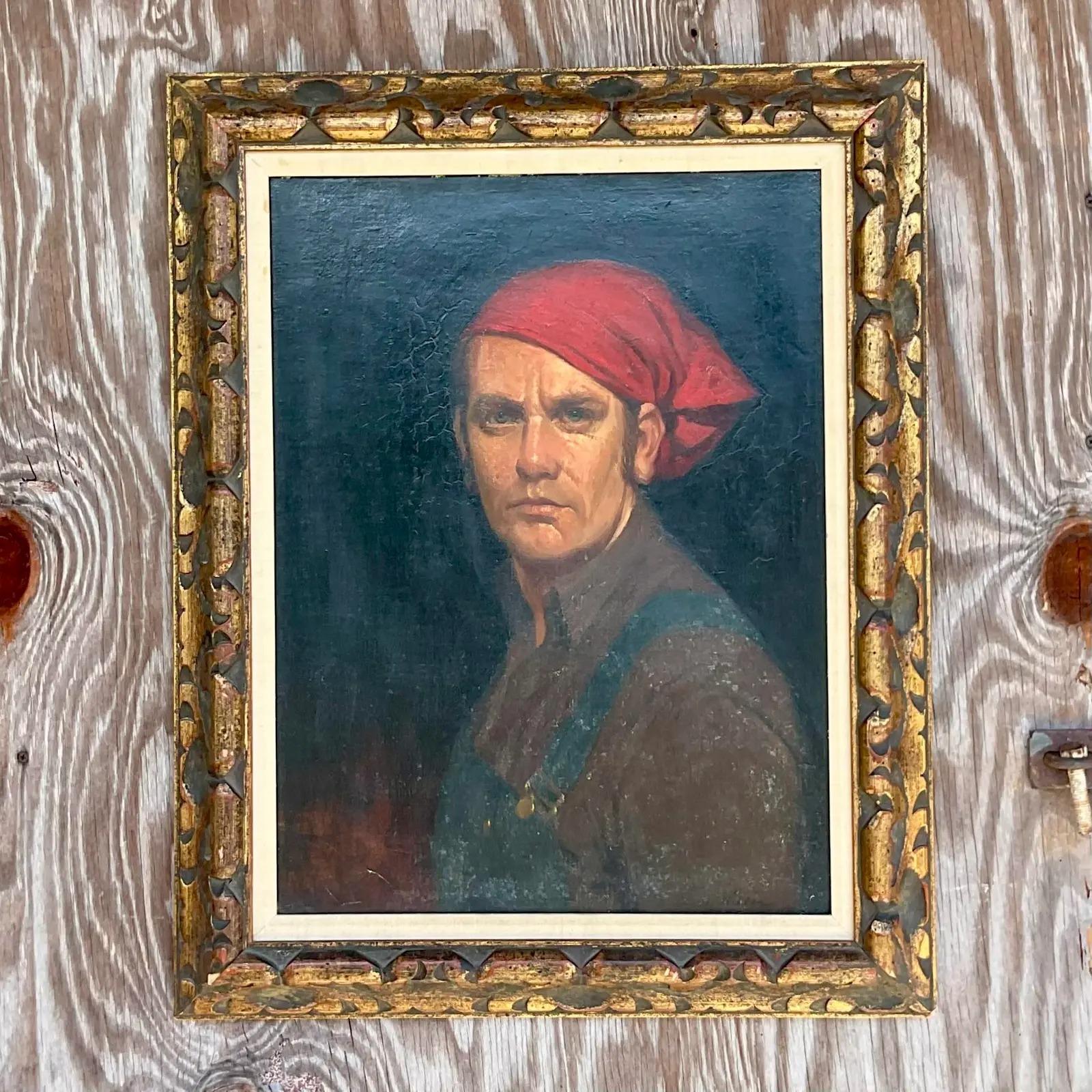 A fantastic vintage boho original oil portrait. A beautiful composition of a man in a headscarf. Signed and dated by the artist 1971