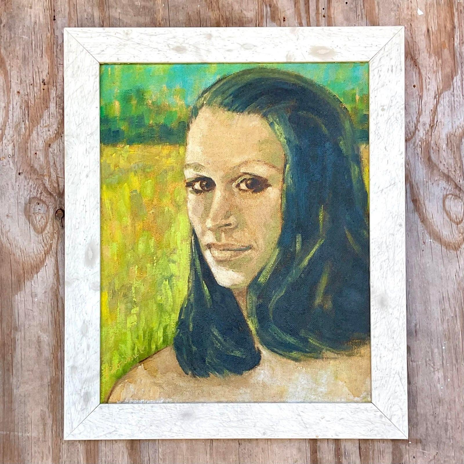 A fabulous vintage Boho oil portrait on canvas. A chic young woman in bright clear colors. Framed in a cerused Burl wood frame. Signed by the artist. Acquired from a Palm Beach estate
