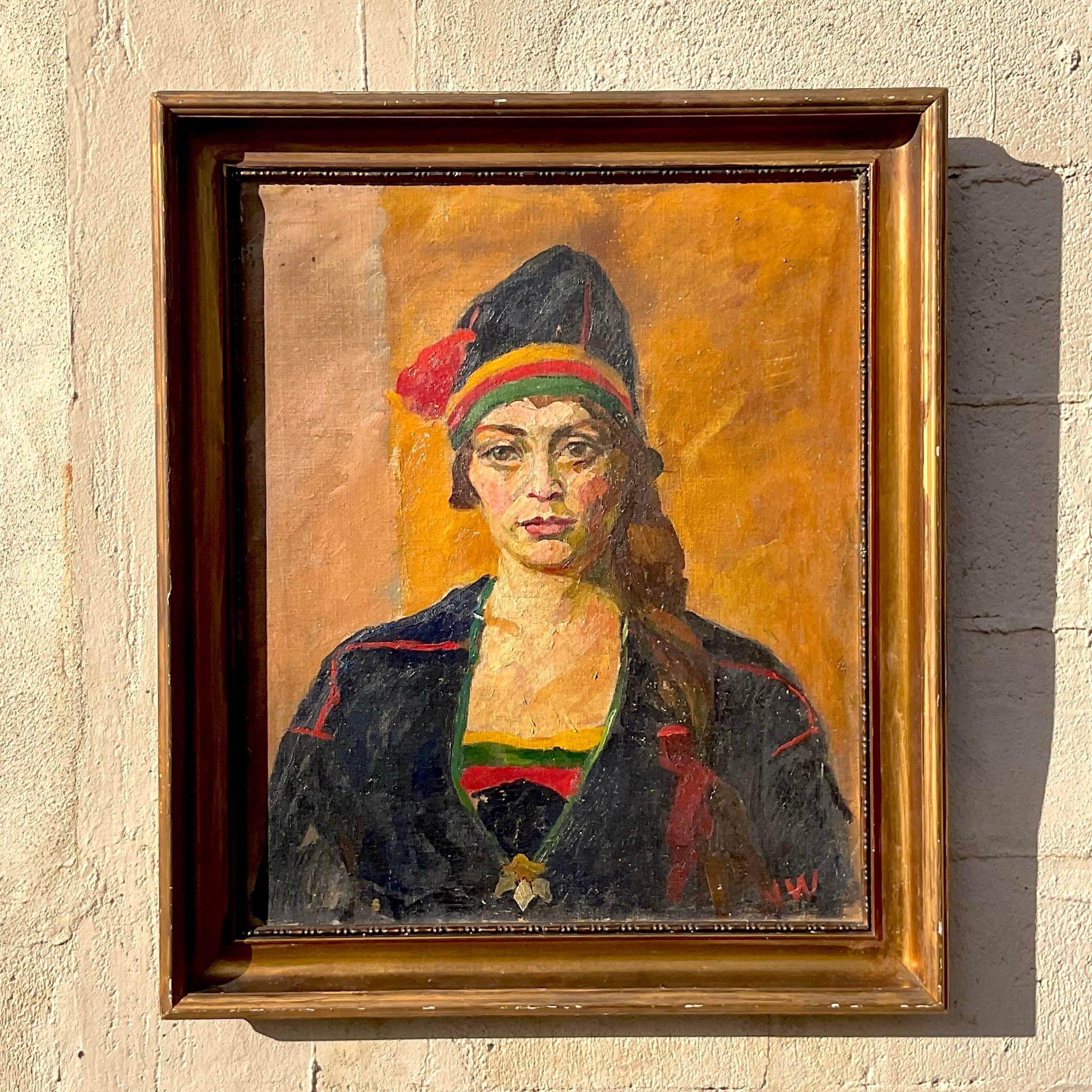 A fantastic vintage Boho original oil painting on canvas. A chic portrait in deep rich colors. Signed by the artist. A beautiful all over patina from time. Acquired from a Palm Beach estate