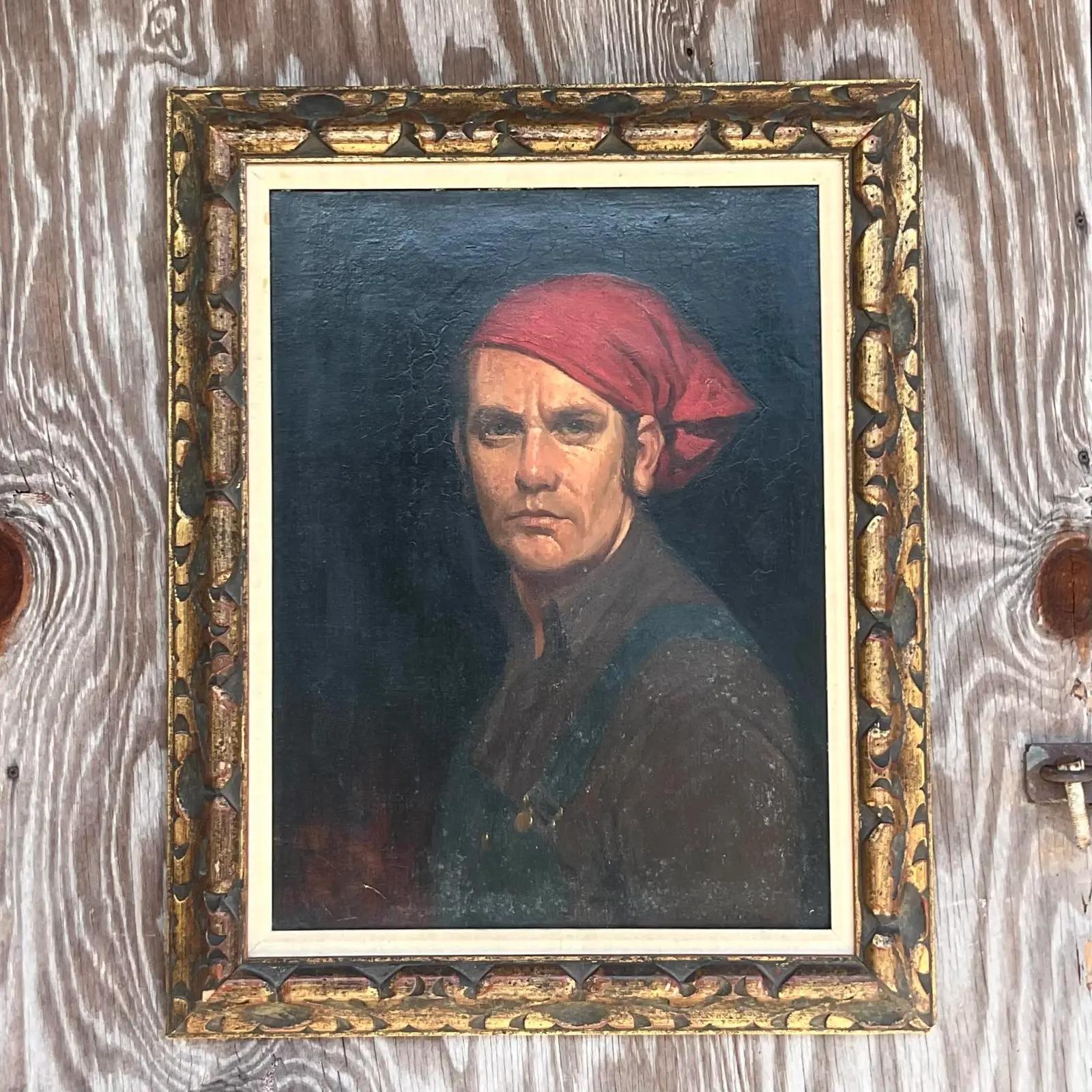 Nord-américain Portrait à l'huile original sur toile vintage signé Boho en vente