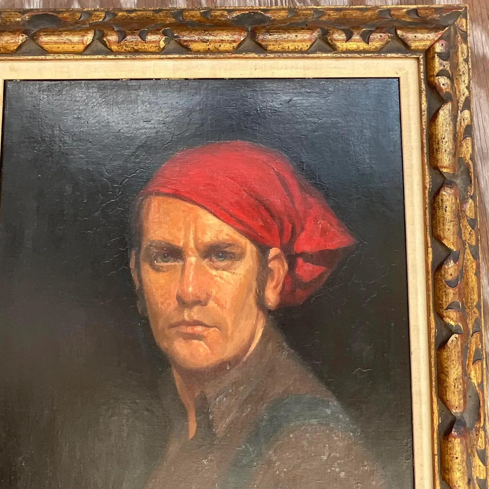 Portrait à l'huile original sur toile vintage signé Boho Bon état - En vente à west palm beach, FL