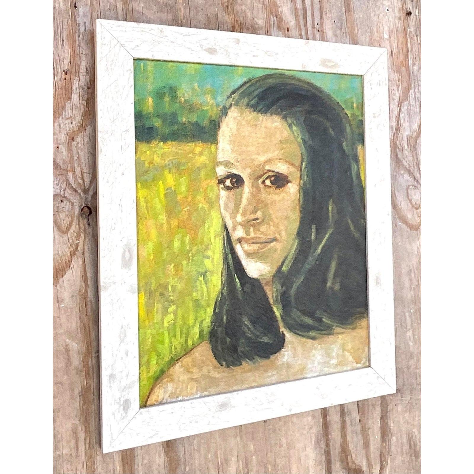 Portrait à l'huile original sur toile vintage signé Boho Bon état - En vente à west palm beach, FL