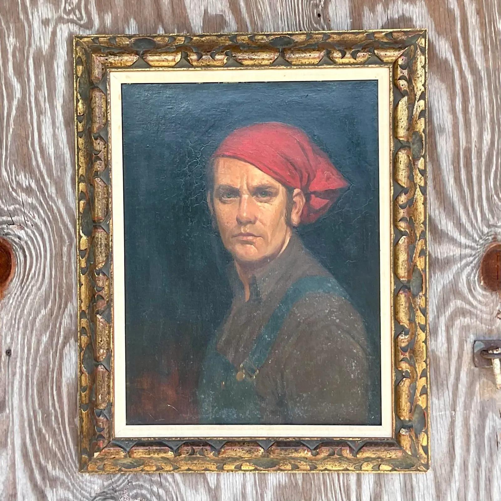 Fin du 20e siècle Portrait à l'huile original sur toile vintage signé Boho en vente