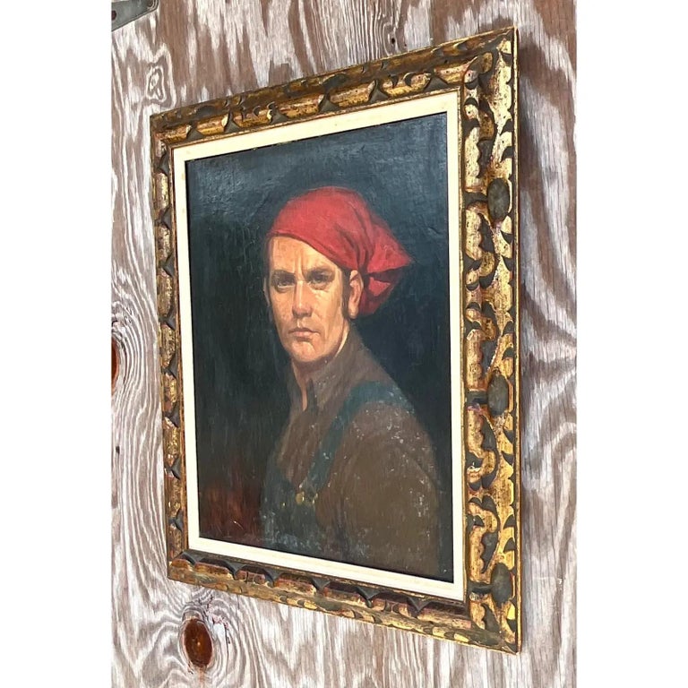 Vintage Boho Signed Original Oil Portrait on Canvas For Sale at 1stDibs