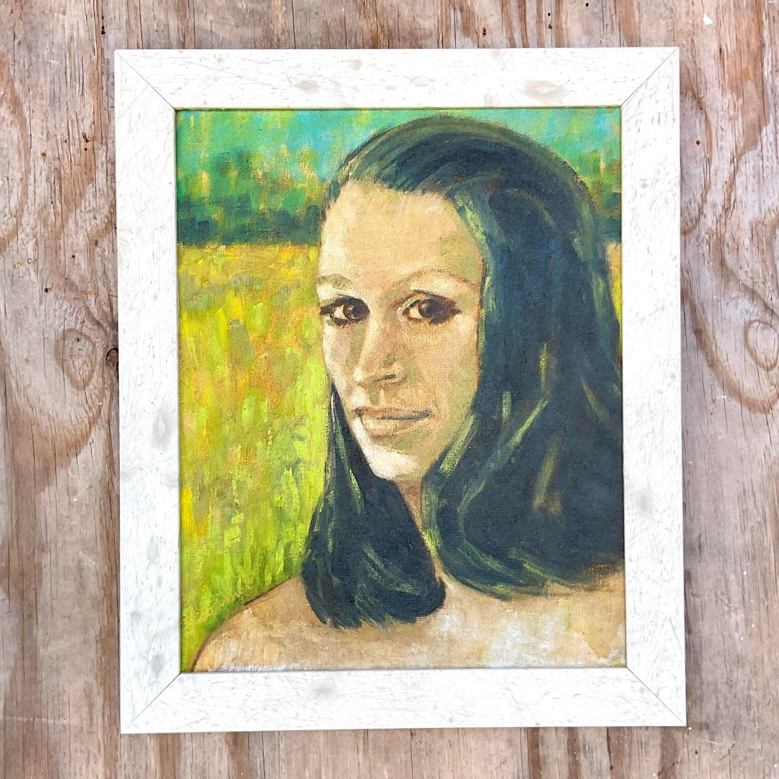 Vintage Boho Signed Original Oil Portrait on Canvas For Sale 1