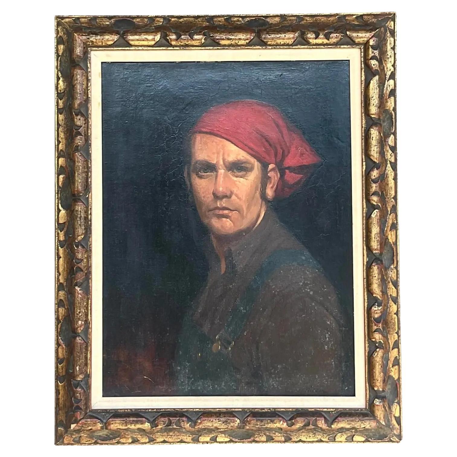Vintage Boho Signed Original Oil Portrait on Canvas For Sale