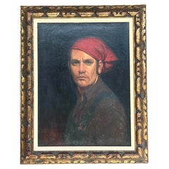 Portrait à l'huile original sur toile vintage signé Boho