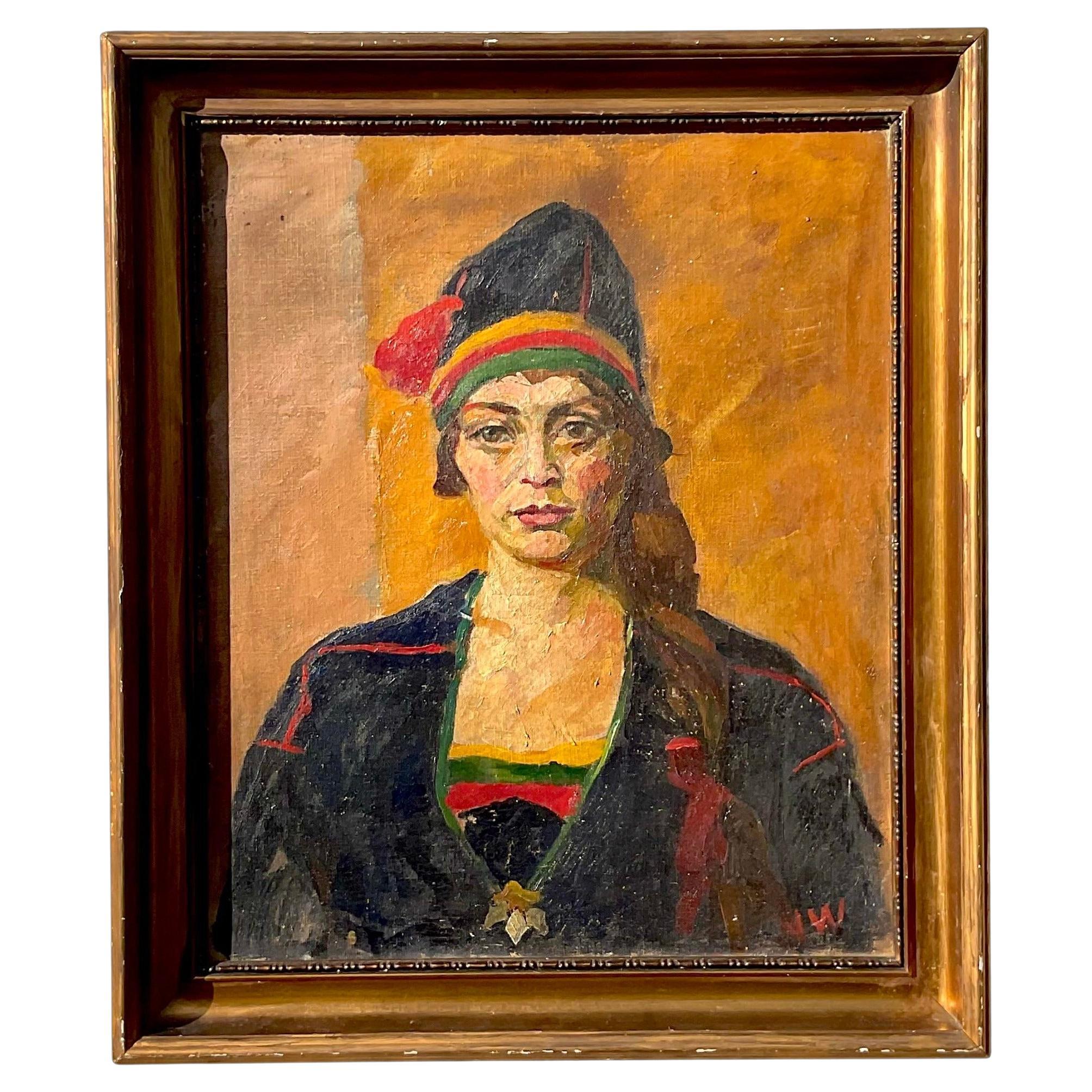 Portrait à l'huile original sur toile vintage signé Boho en vente