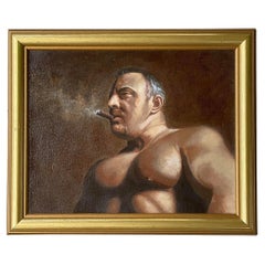 Vintage Boho Signed Original Oil Portrait Painting of Man with Cigar