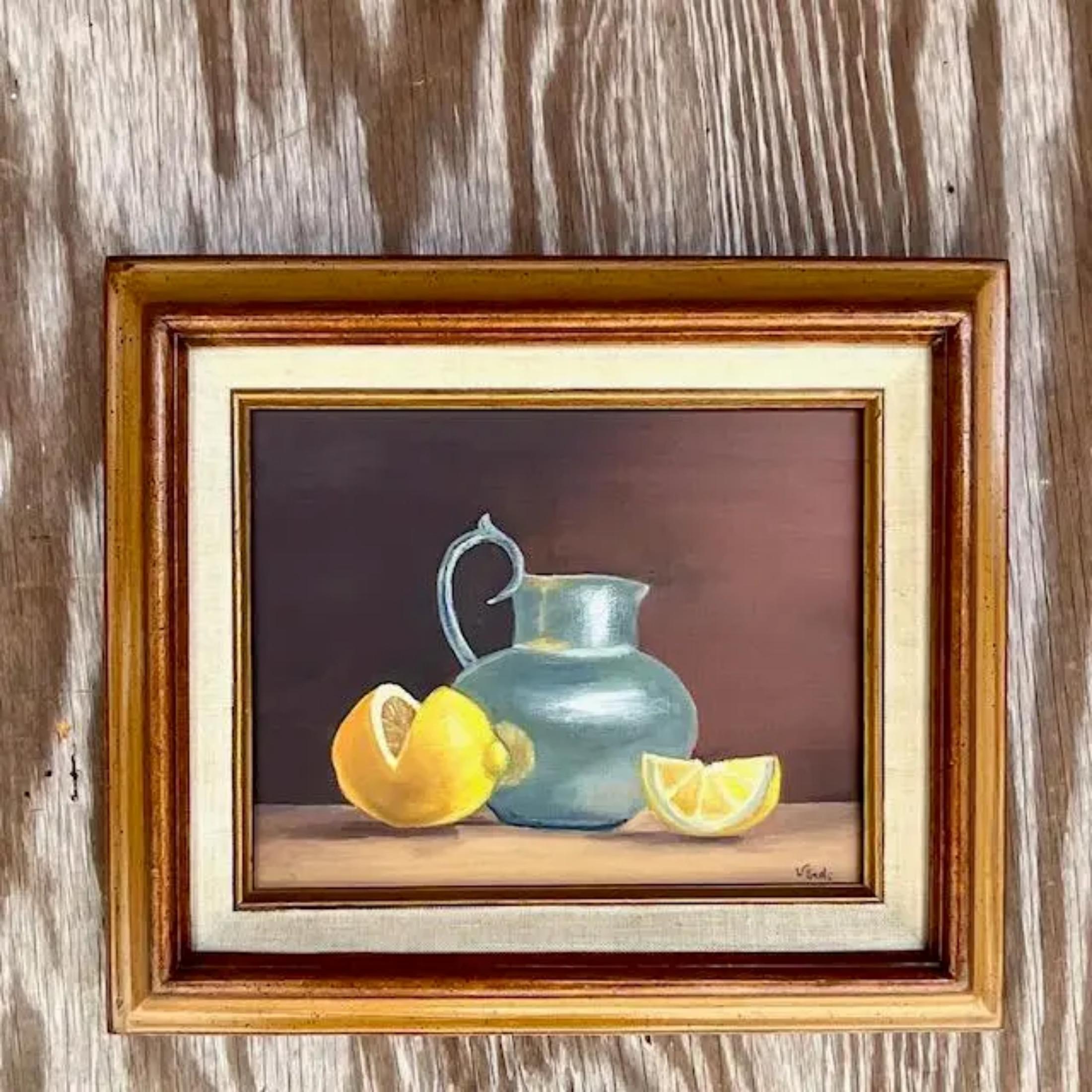 Vintage Boho Signed Original Oil Still Life In Good Condition For Sale In west palm beach, FL