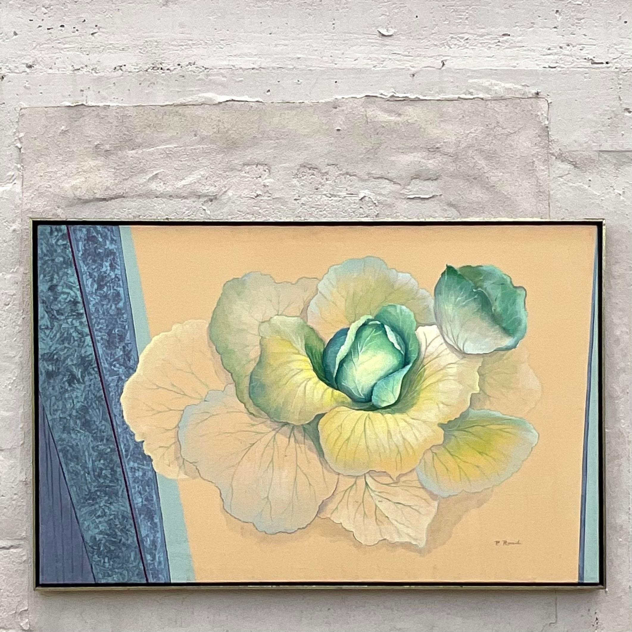 An outstanding vintage Boho original oil on canvas. A chic still life of cabbage with bold geometric stripes. Signed by the artist. Acquired from a Palm Beach estate.
