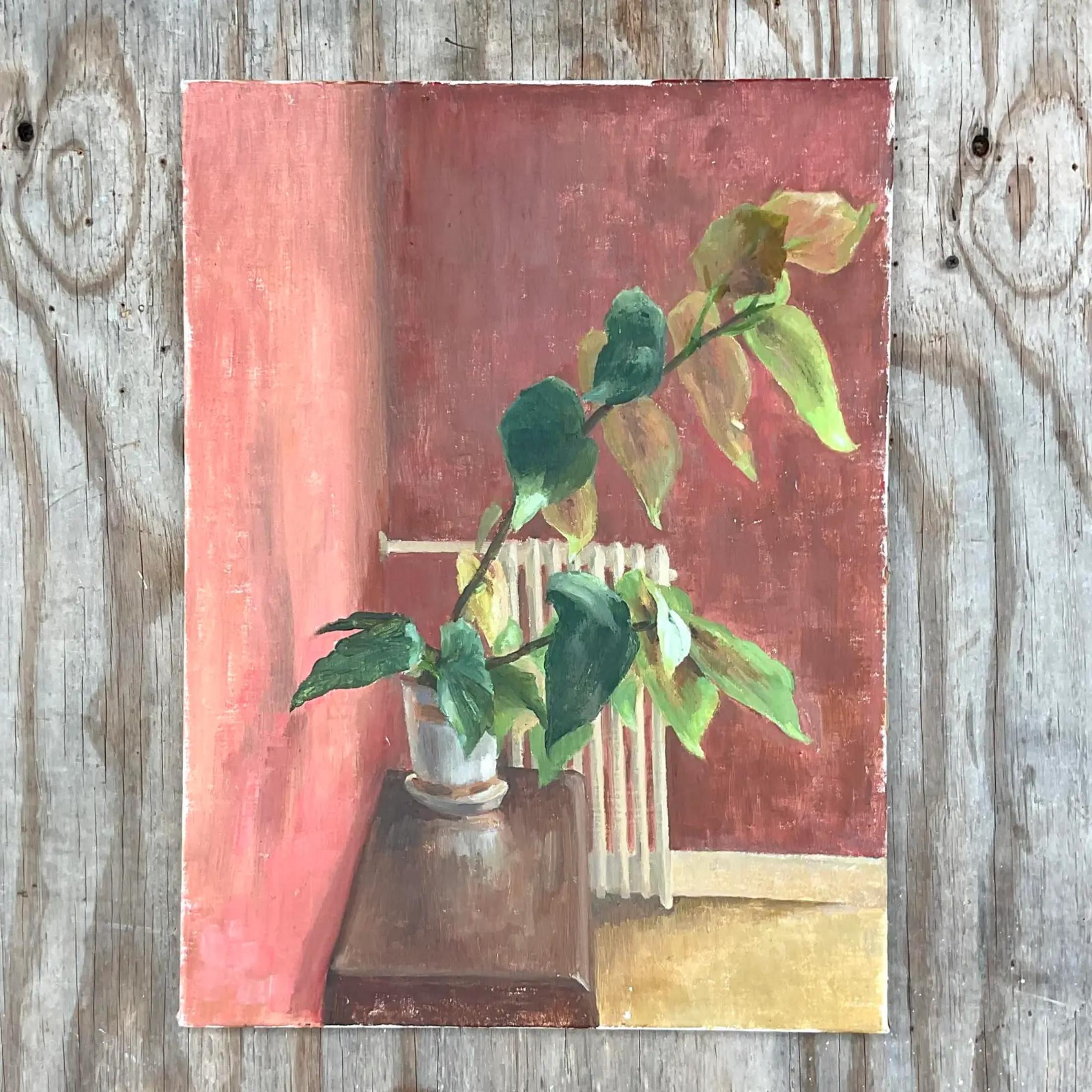 A fabulous vintage Boho original oil painting on canvas. A chic composition of branches in a vase. Beautiful use of light and shadow. Signed by the artist. Acquired from a Palm Beach estate