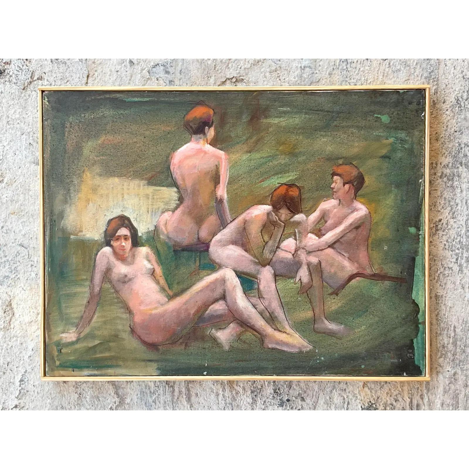 Fantastic vintage Boho original oil on canvas. A gorgeous study of the female nude in brilliant colors. Signed by the artist. Acquired from a Palm Beach estate.