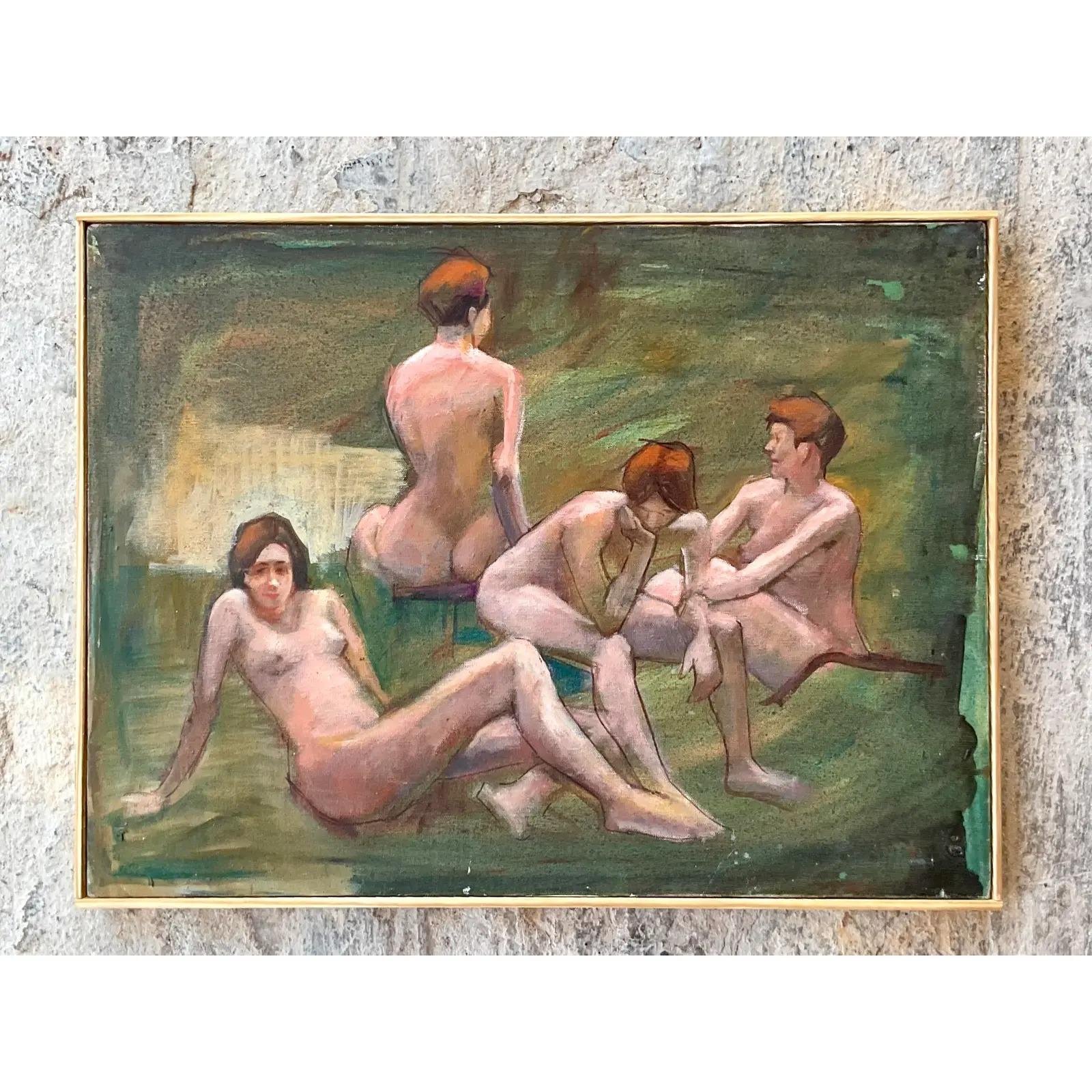 North American Vintage Boho Signed Original Oil Study of Female Nude