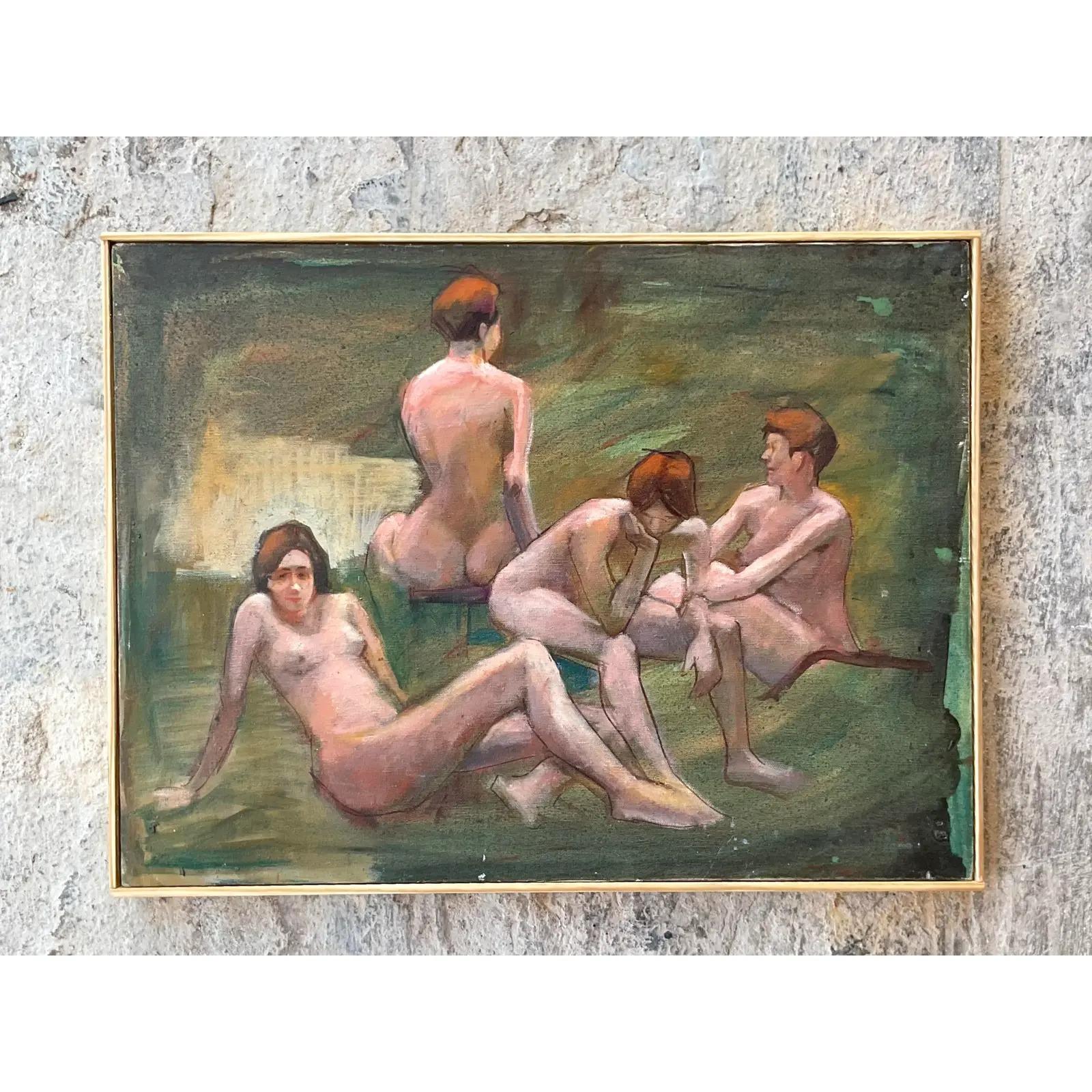 Vintage Boho Signed Original Oil Study of Female Nude In Good Condition In west palm beach, FL