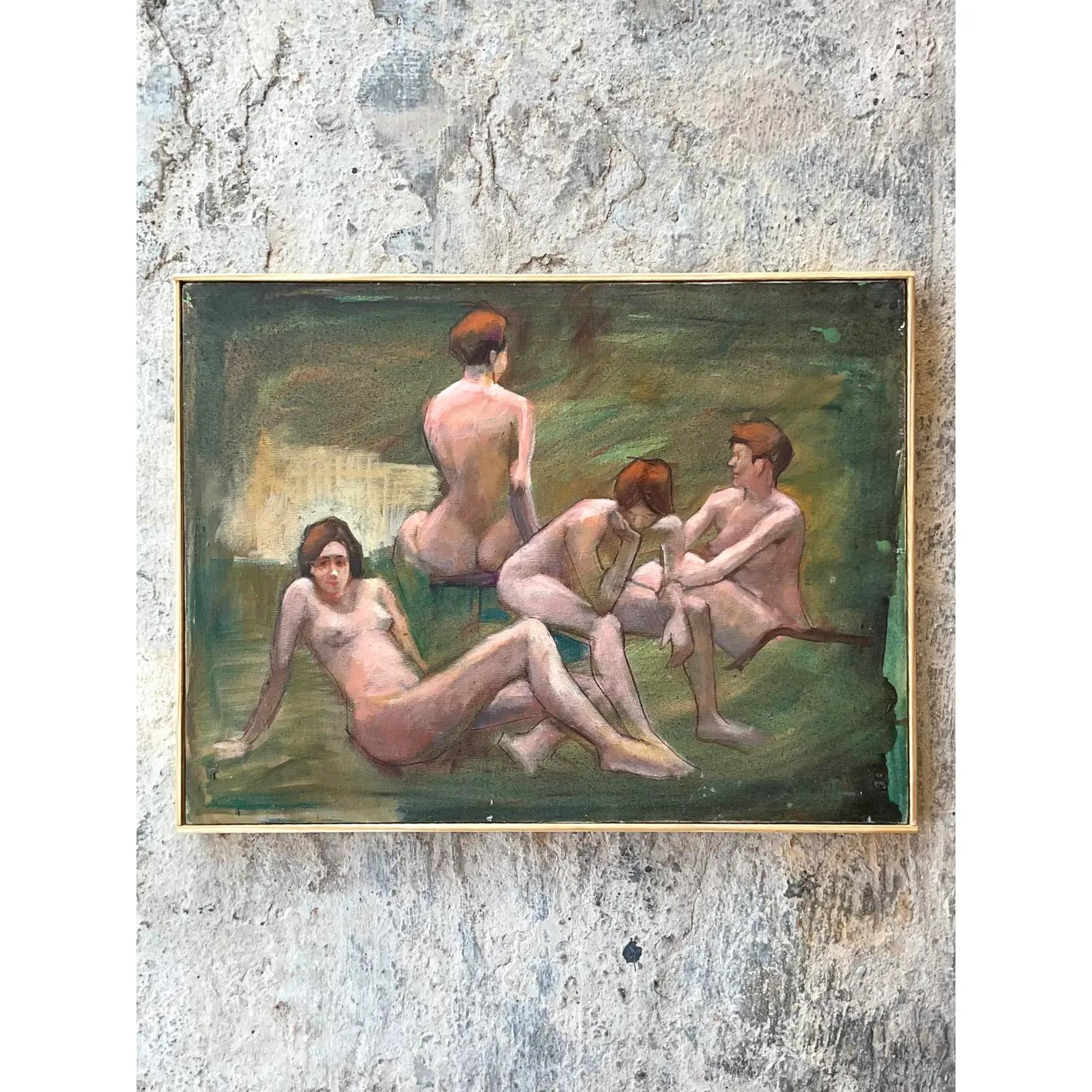 20th Century Vintage Boho Signed Original Oil Study of Female Nude