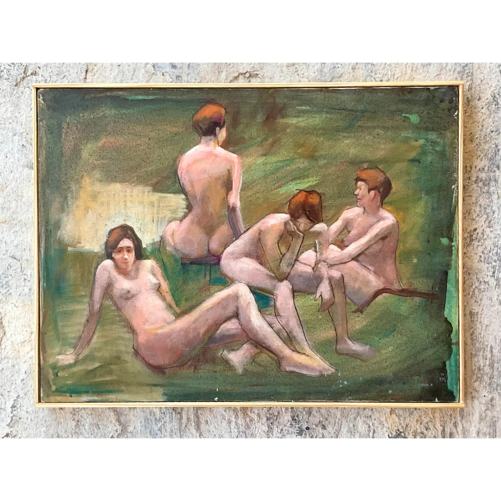 Canvas Vintage Boho Signed Original Oil Study of Female Nude