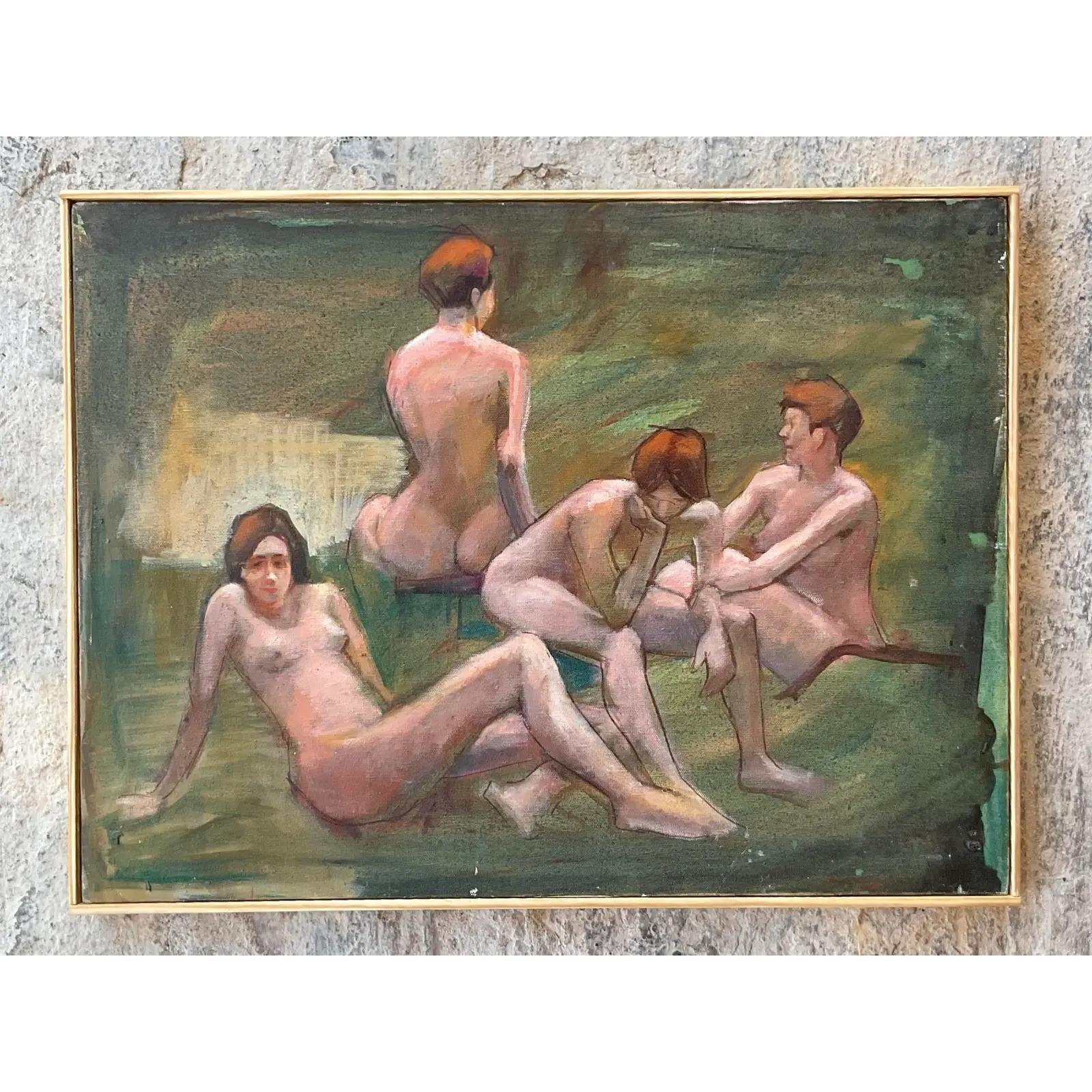 Vintage Boho Signed Original Oil Study of Female Nude 1