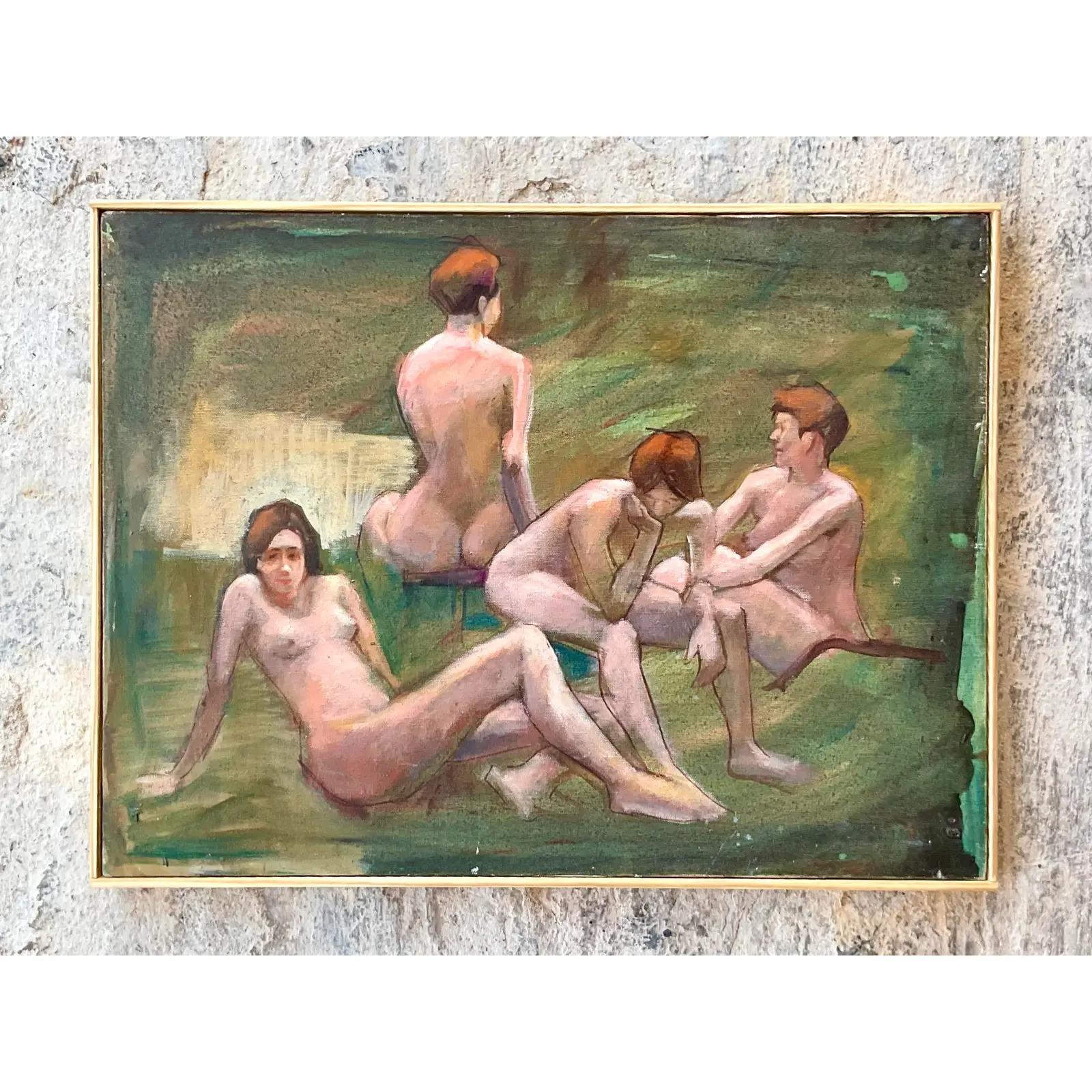 Vintage Boho Signed Original Oil Study of Female Nude 2