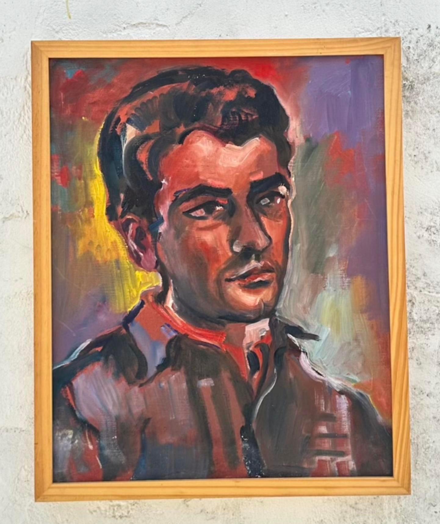 Bohémien Vintage By firmato Ritratto originale dipinto a olio su tela in vendita