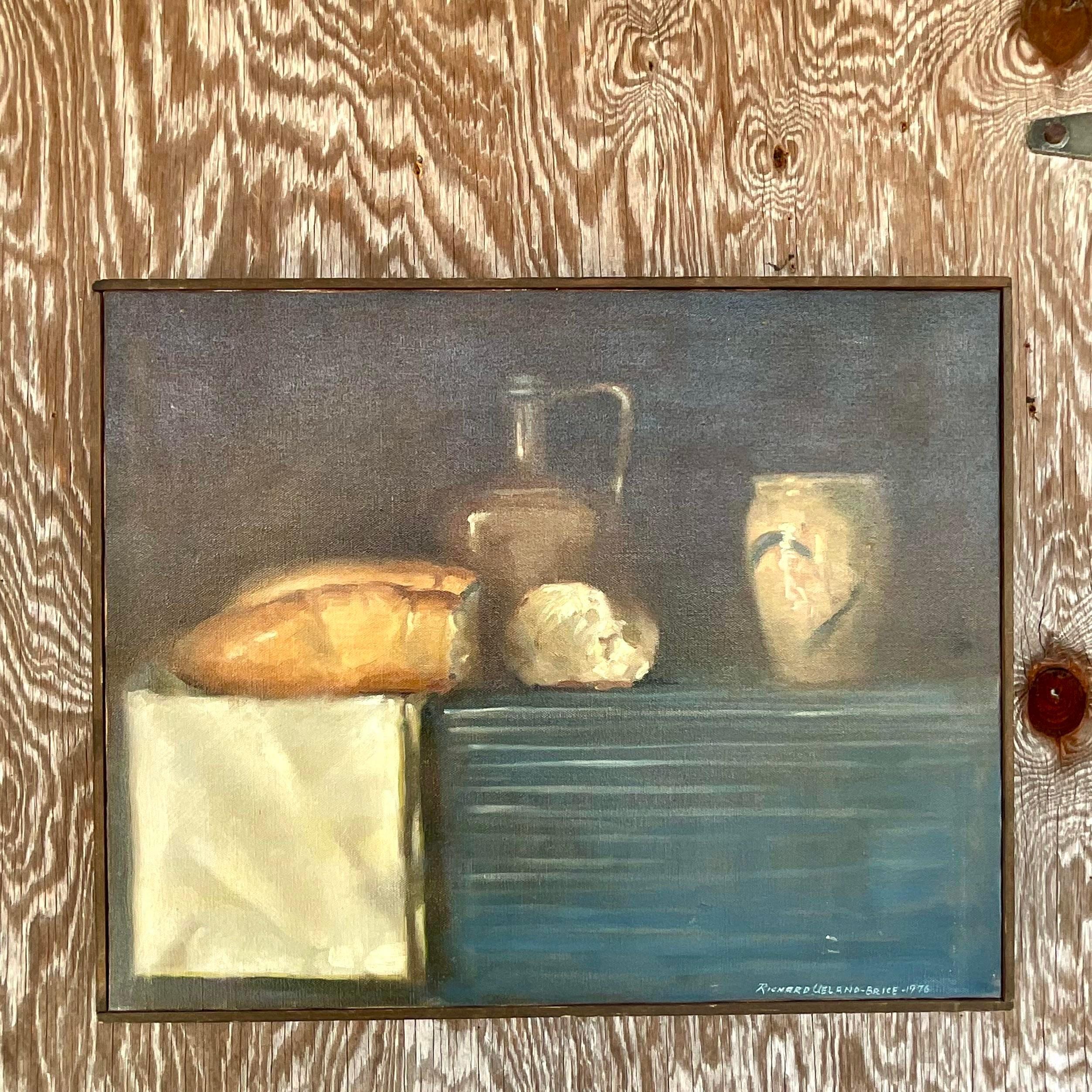 A fabulous vintage Boho 1970s original oil painting on canvas. A chic tabletop still life in deep rich colors. Signed by the artist. Acquired from a Palm Beach estate. 