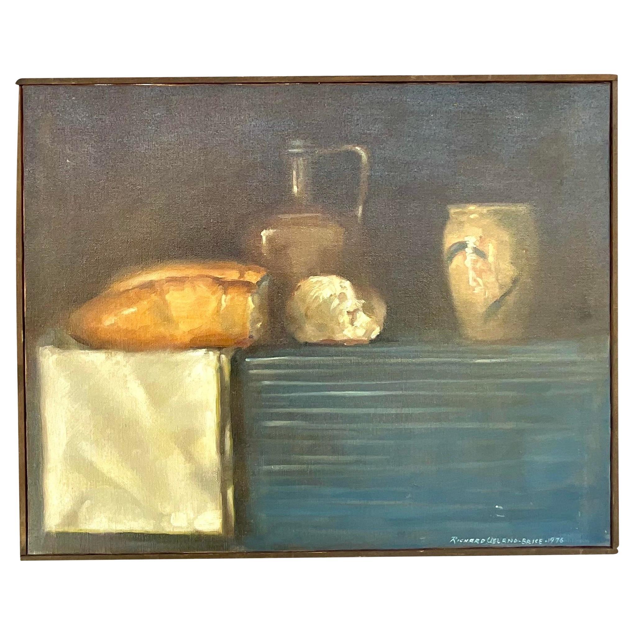 Vintage Boho Signed Original Tabletop Still Life Oil on Canvas For Sale