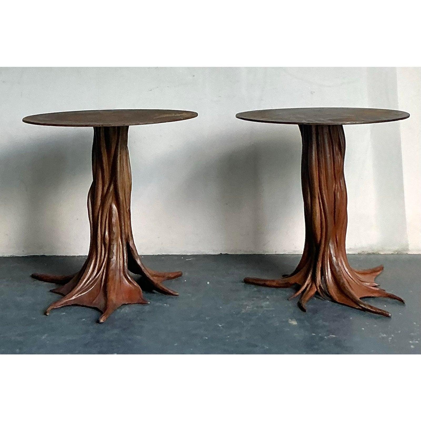 Presenting an extraordinary Vintage Boho Signed R. Kelly Cast Bronze Faux Bois Dining Table, a truly unique piece that marries sculptural artistry with functional design. This magnificent table features a robust, light green oval top that