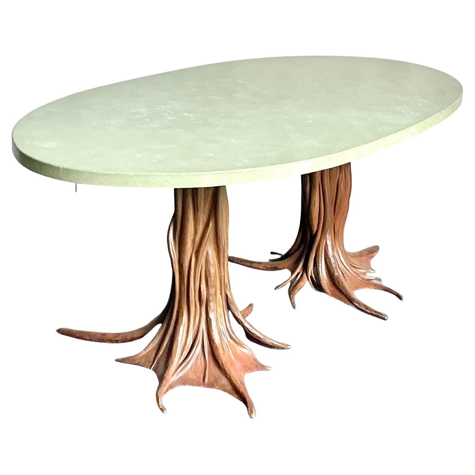 Vintage Boho Signed R. Kelly Cast Bronze Faux Bois Dining Table For Sale