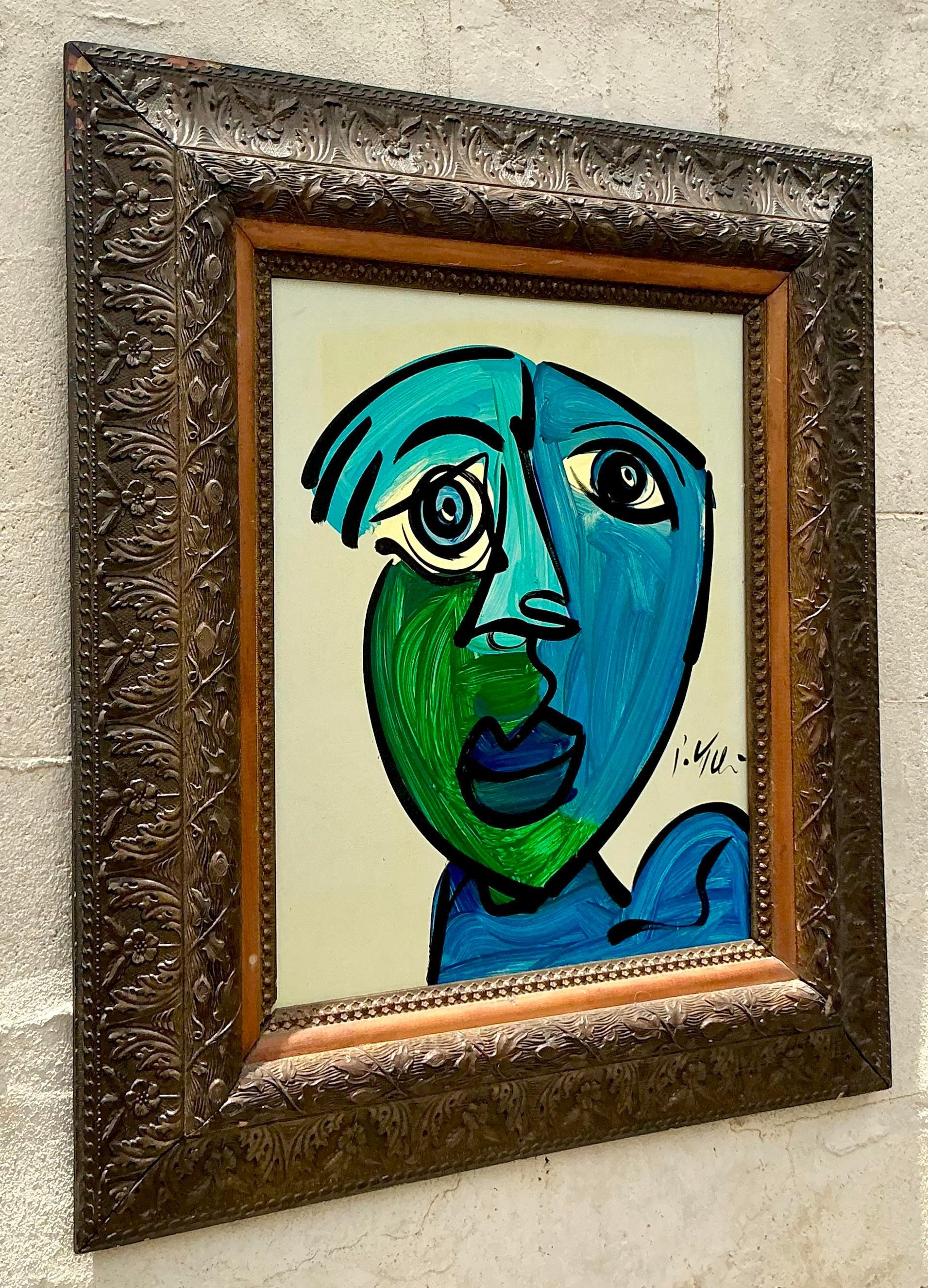 Embrace American Bohemian spirit with this signed Robert Kiel original oil painting on glass. Featuring vibrant colors and intricate details, this artwork blends Boho aesthetics with artistic craftsmanship, making it a captivating addition to any