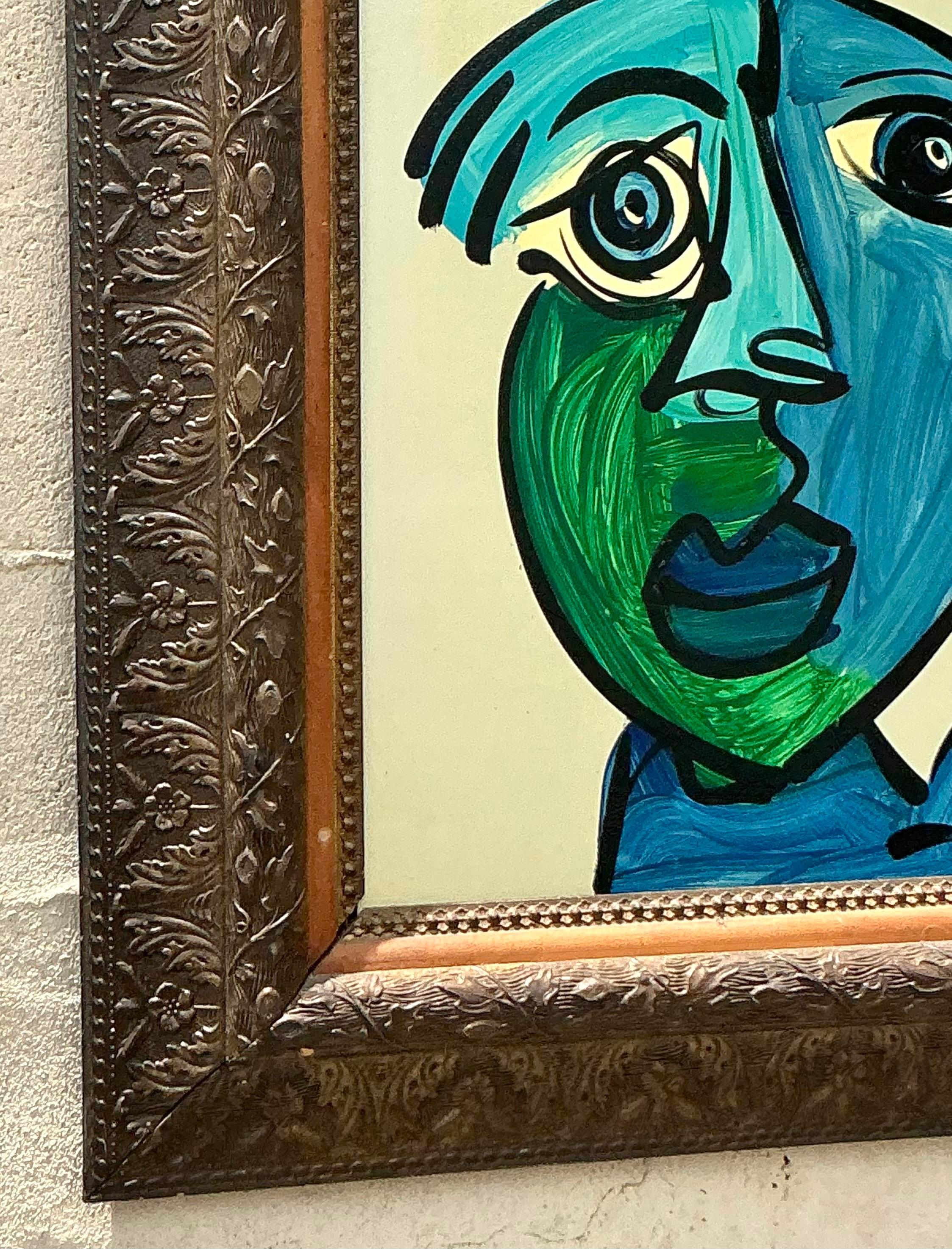 Bohemian Vintage Boho Signed Robert Kiel Original Oil Painting on Glass For Sale