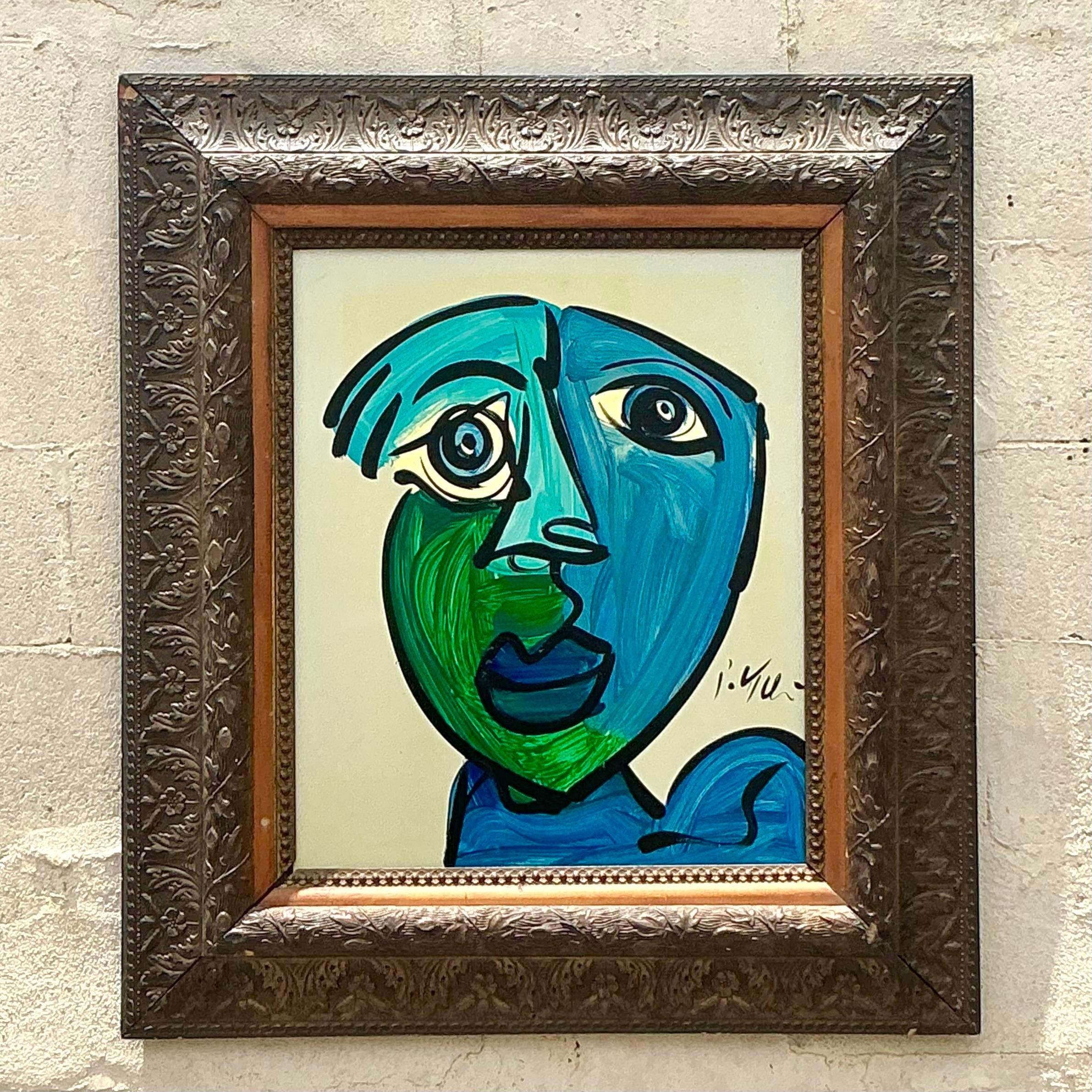 North American Vintage Boho Signed Robert Kiel Original Oil Painting on Glass For Sale