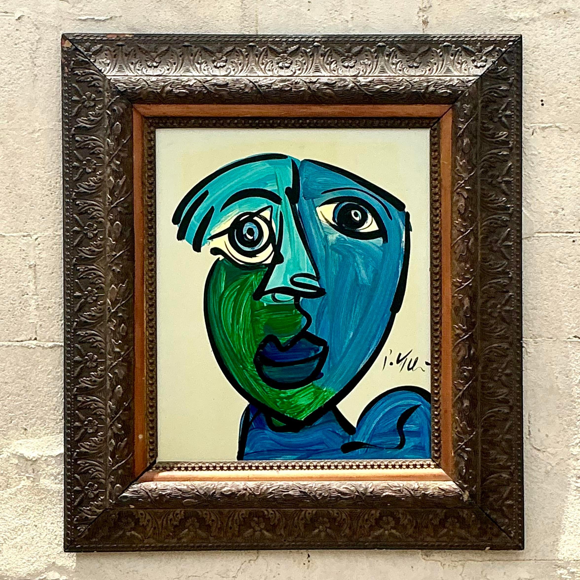 Vintage Boho Signed Robert Kiel Original Oil Painting on Glass In Good Condition For Sale In west palm beach, FL