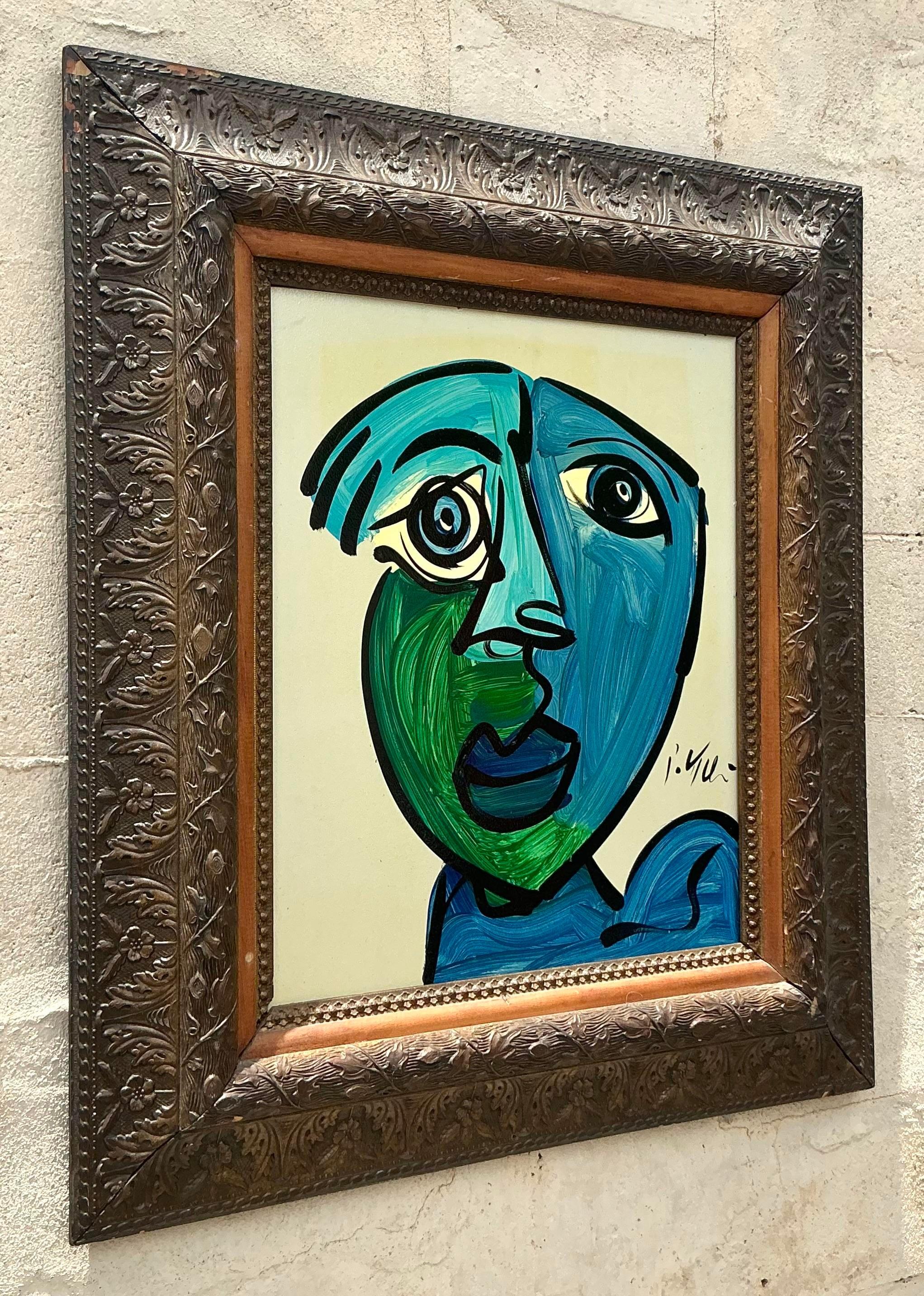 20th Century Vintage Boho Signed Robert Kiel Original Oil Painting on Glass For Sale