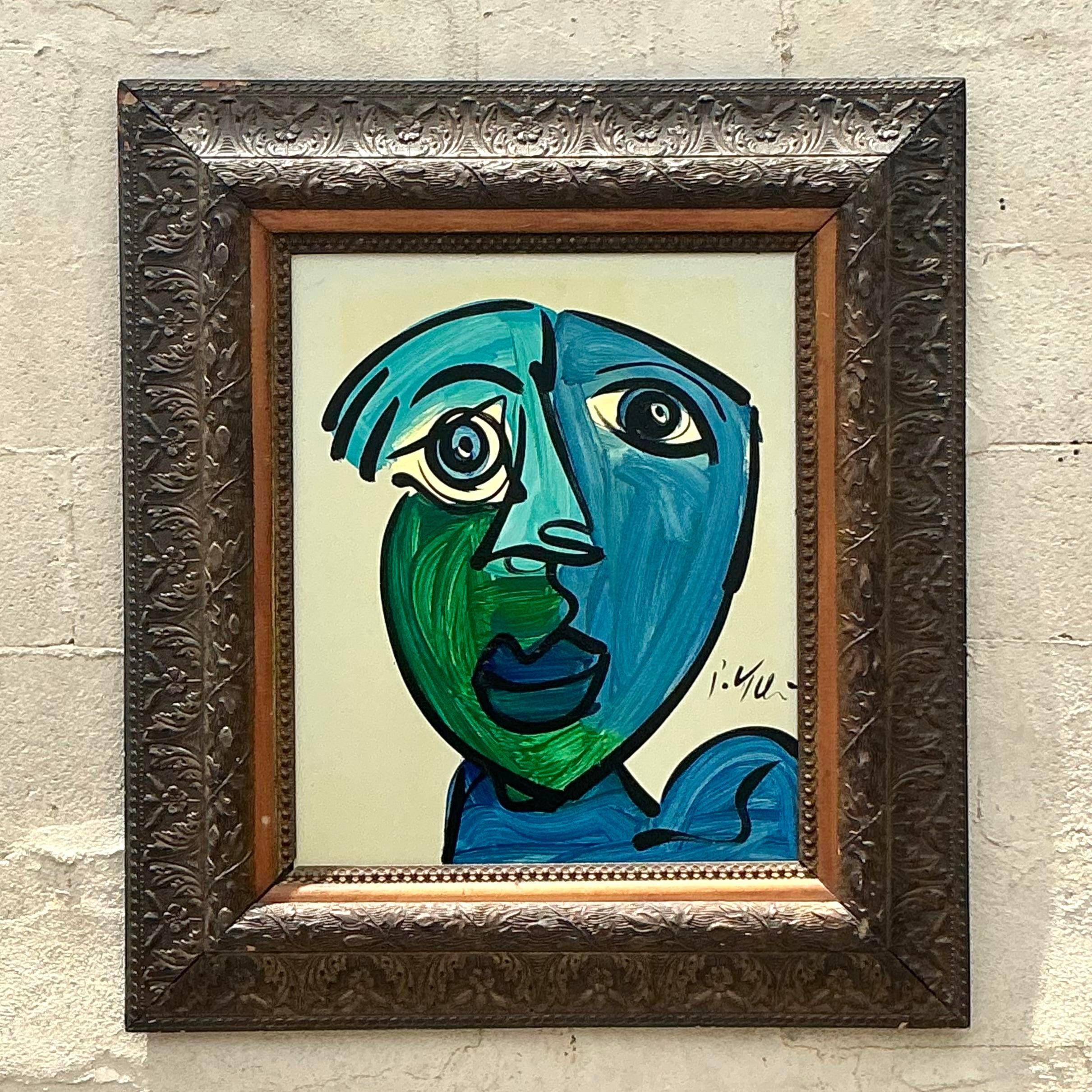 Vintage Boho Signed Robert Kiel Original Oil Painting on Glass For Sale 1