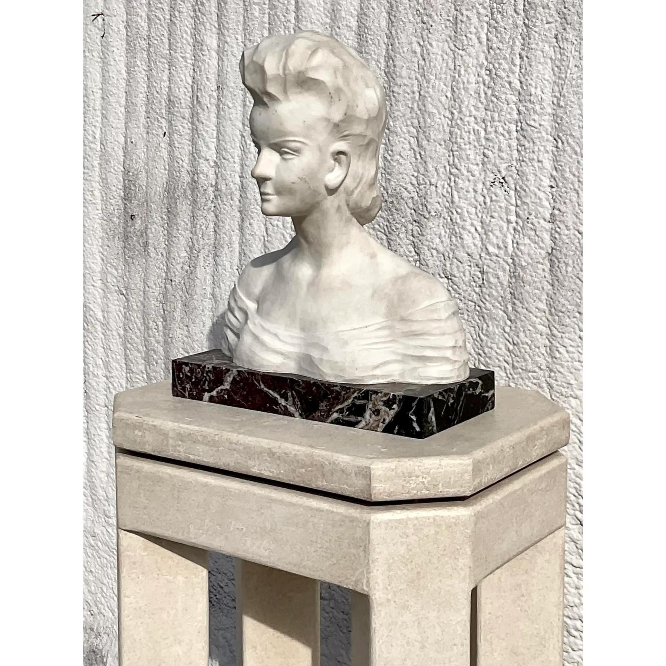 Vintage Boho Signed Stone Bust of Female For Sale 5