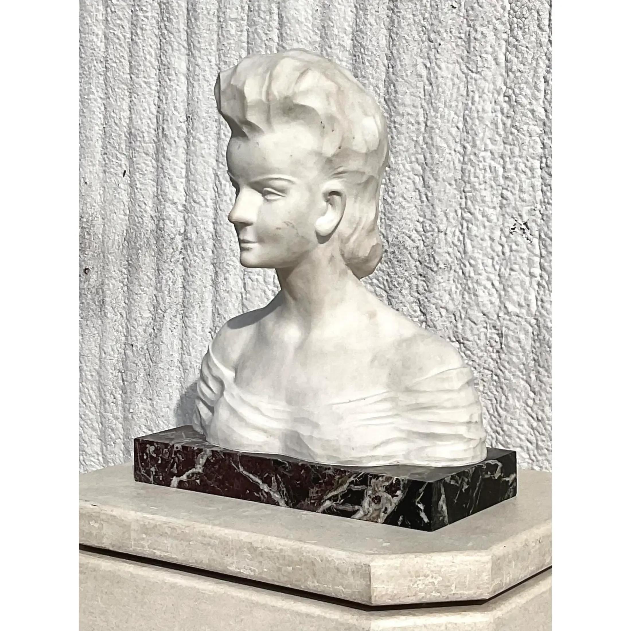 Vintage Boho Signed Stone Bust of Female In Good Condition For Sale In west palm beach, FL