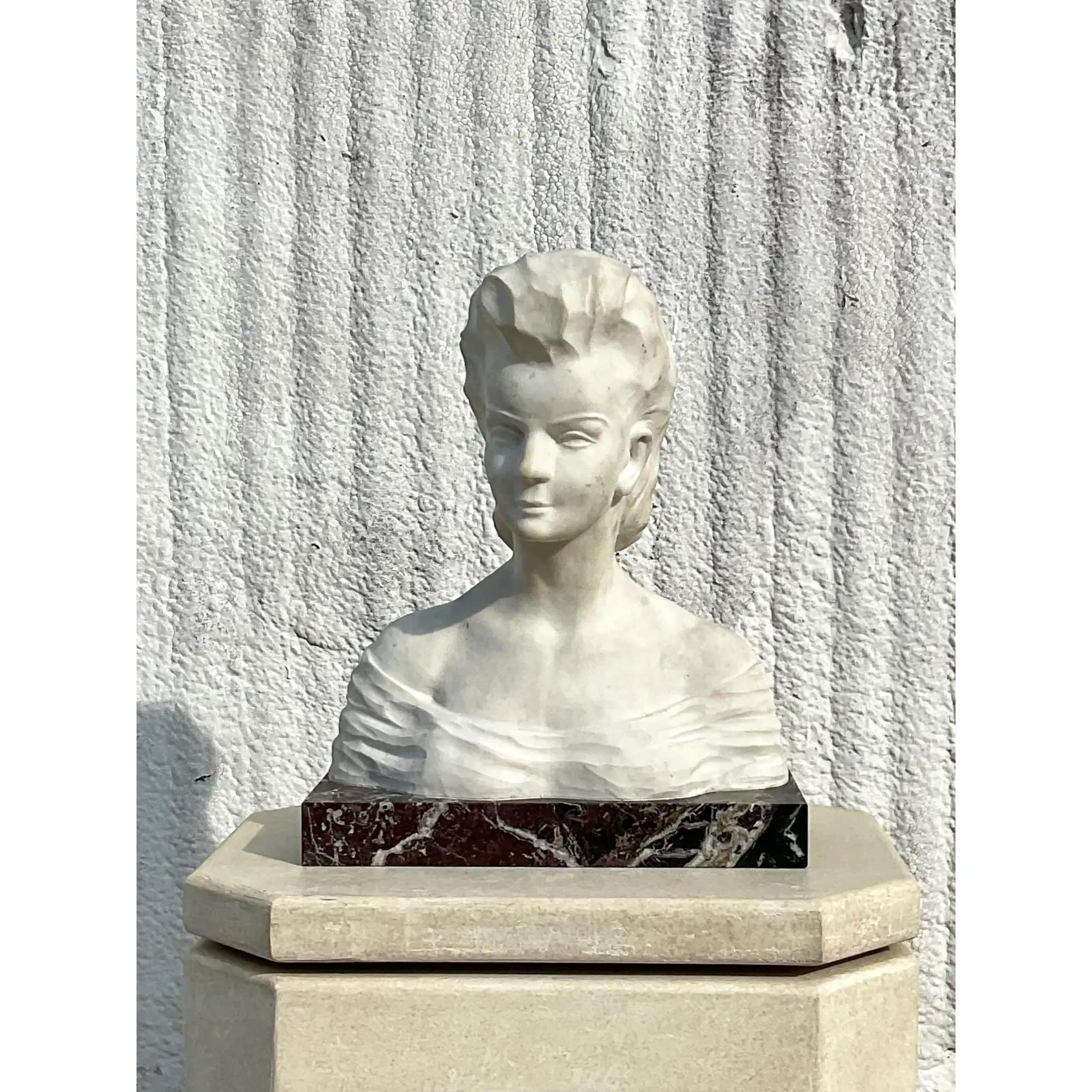 Marble Vintage Boho Signed Stone Bust of Female For Sale