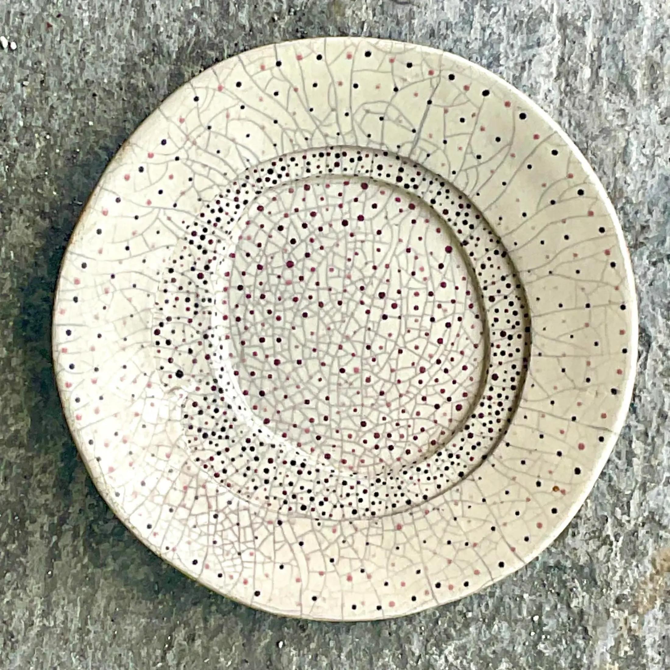 A fabulous vintage studio pottery plate. Beautiful slab built form with hand painted small dot detail. Beautiful coloration in the design. Acquired from a Palm Beach estate
