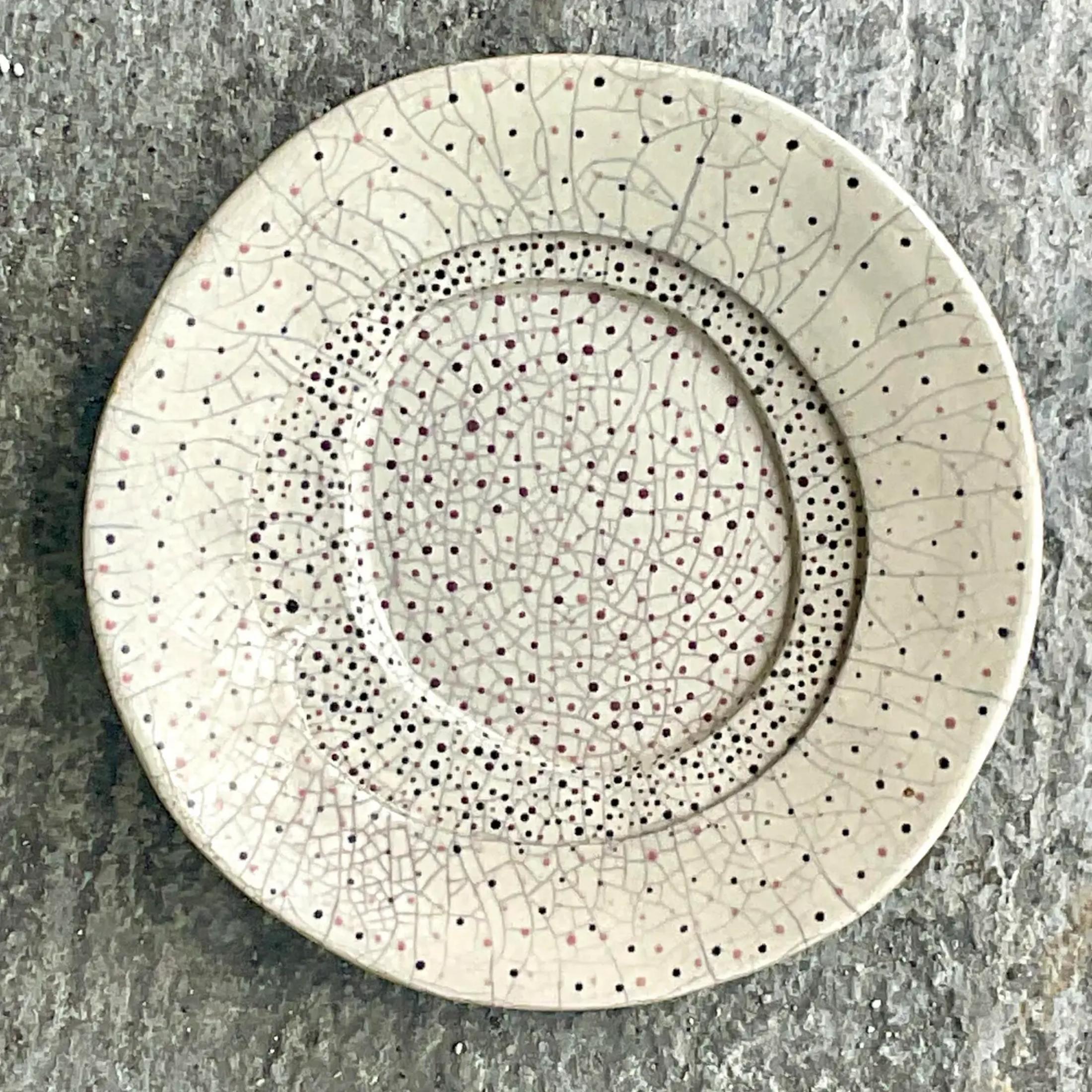 Vintage Boho Signed Studio Pottery Dot Plate In Good Condition For Sale In west palm beach, FL