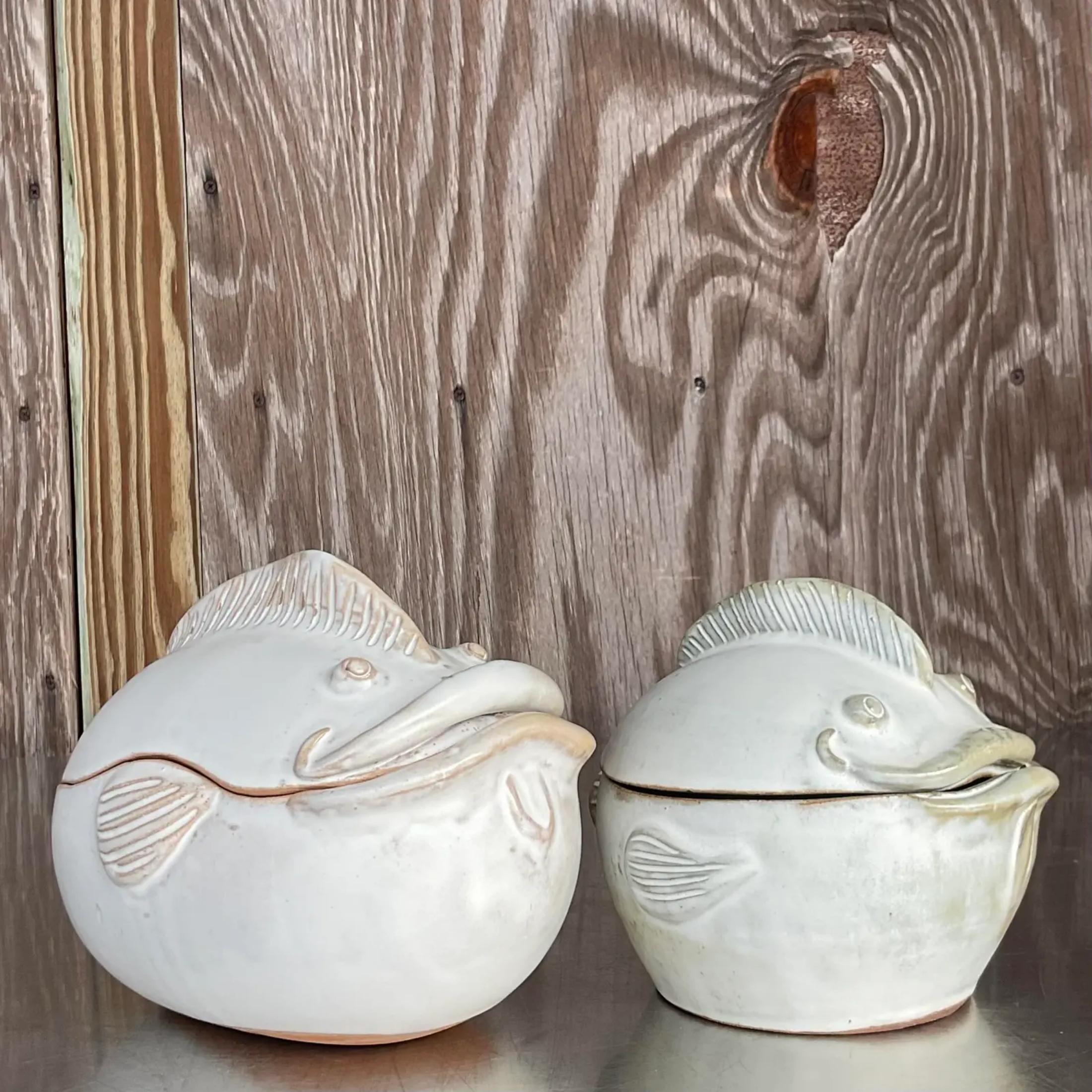 20th Century Vintage Boho Signed Studio Pottery Lidded Bowls - Set of 2