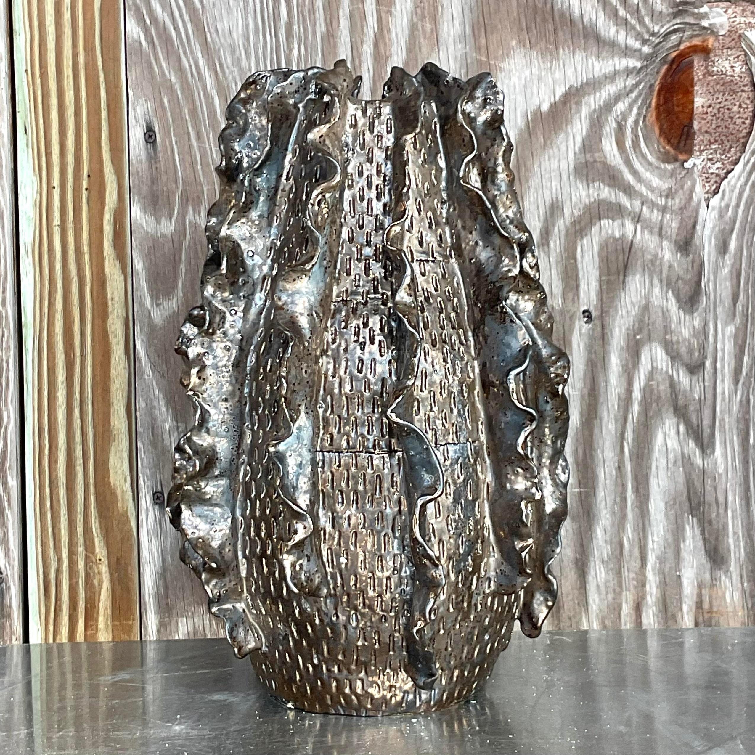 American Vintage Boho Signed Studio Pottery Metallic Ruffle Vase For Sale