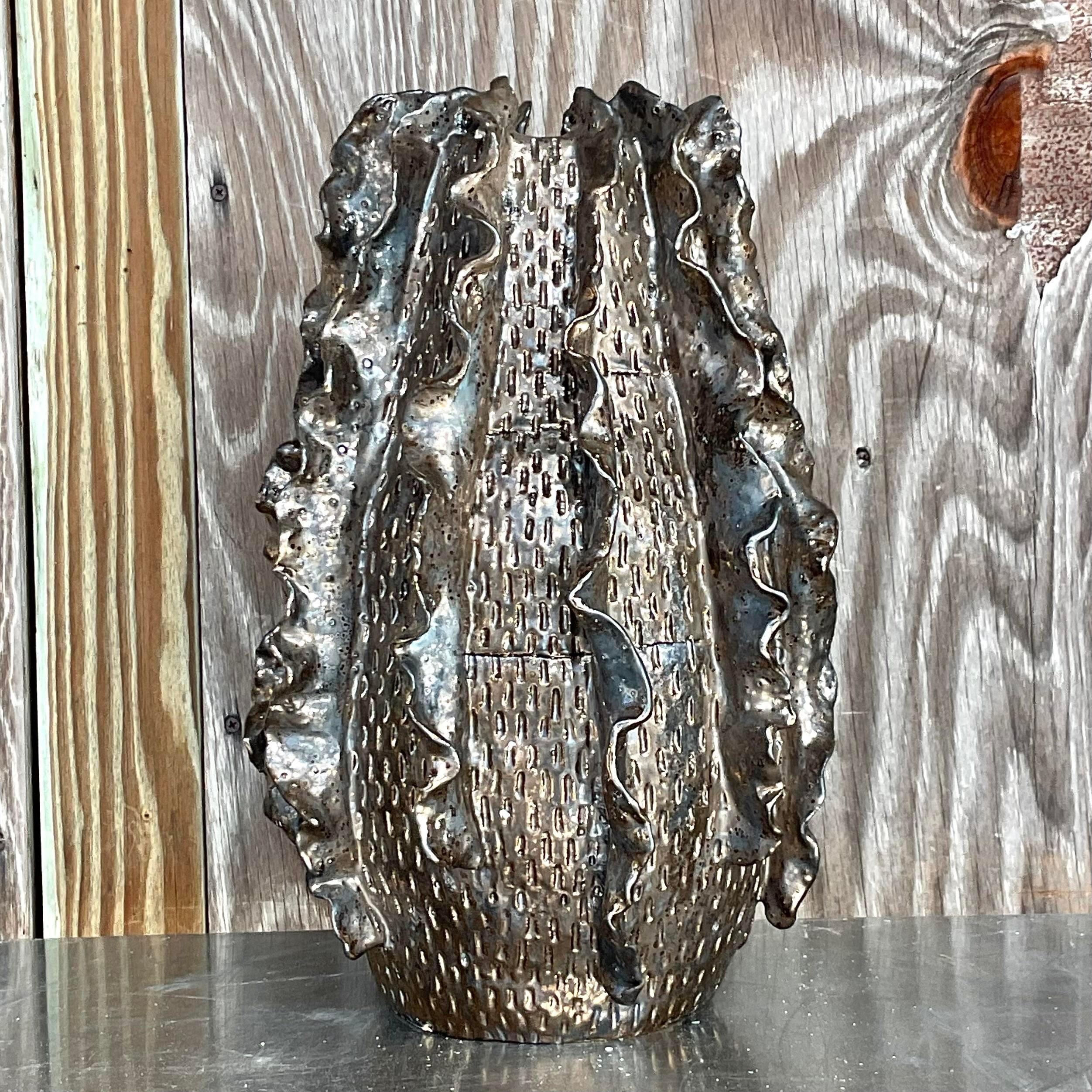 Vintage Boho Signed Studio Pottery Metallic Ruffle Vase For Sale 1