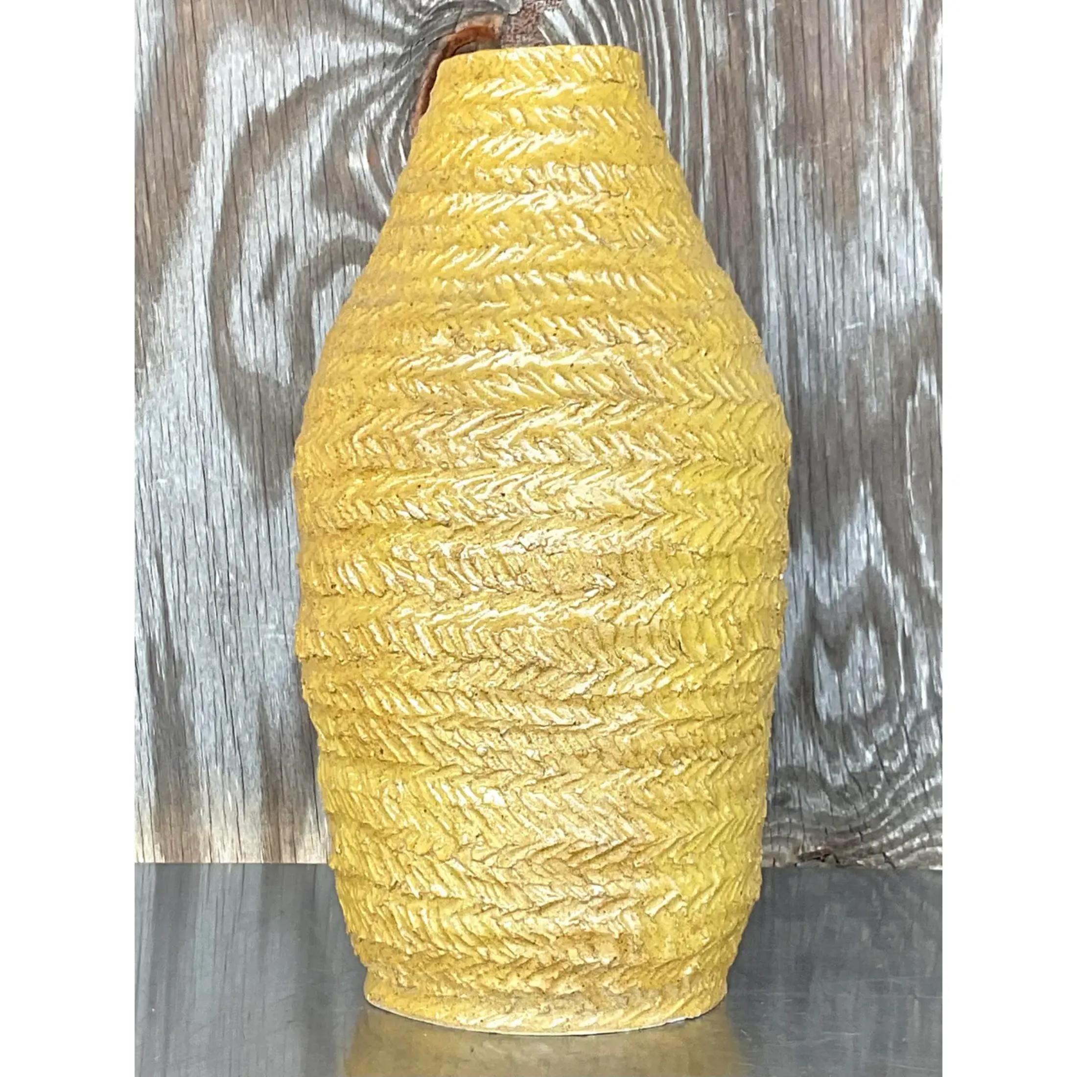 Fabulous vintage signed studio pottery vase. Beautiful textured finish in a chic mustard gold. Acquired from a Palm Beach estate.
