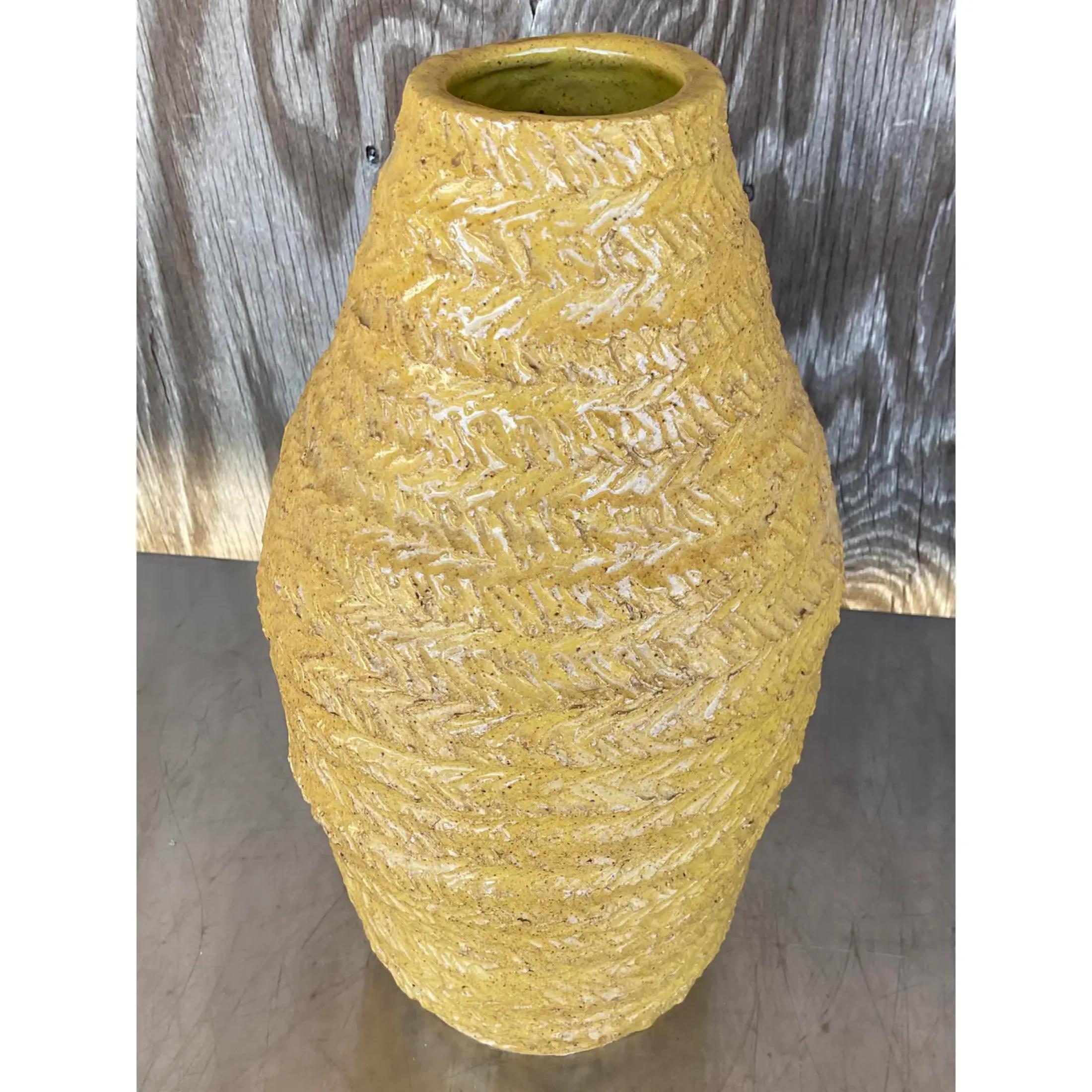 Bohemian Vintage Boho Signed Studio Pottery Mustard Vase For Sale